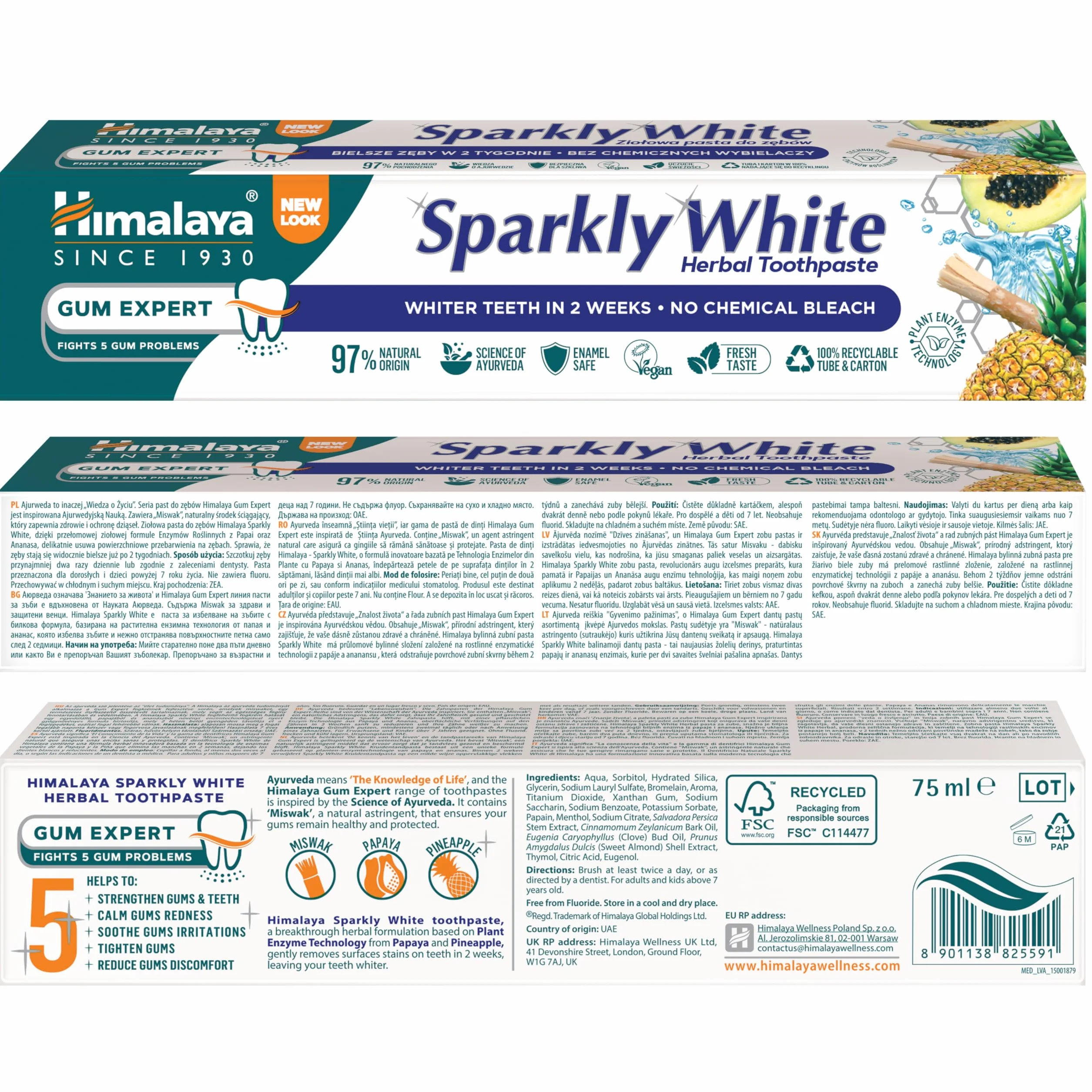 Himalaya Sparkly White Ziołowa Pasta do Zębów 75ml Wybielanie, Zdrowe Dziąsła, Bezpieczna dla Szkliwa, Wzmacnia Zęby | 97% Naturalnych Składników, Wegańska, Bez Fluoru, Technologia Enzymów Roślinnych