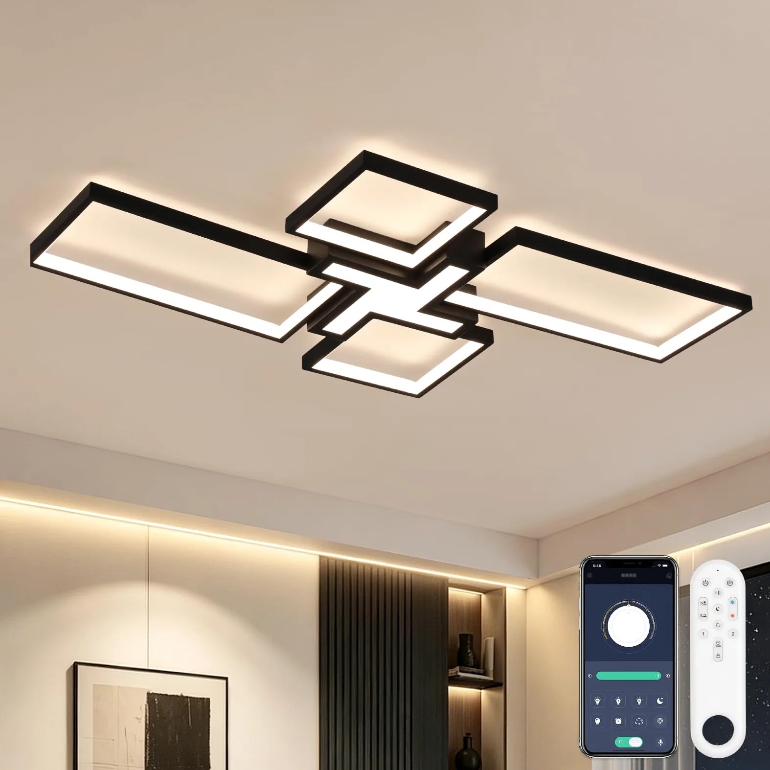 OTREN Lampa sufitowa LED z pilotem zdalnego sterowania, 82 cm 60 W, 3000 K–6500K, lampka nocna, timer, funkcja pamięci, nowoczesna lampa do salonu, sypialni, kuchni, czarna