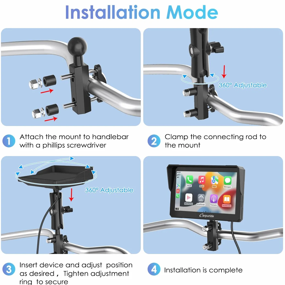 Carpuride W702 Motocyklowy ekran Carplay, bezprzewodowy CarPlay i Android Auto, wodoodporny ekran dotykowy 17.8 cm, podwójny Bluetooth, nawigacja, Siri.
