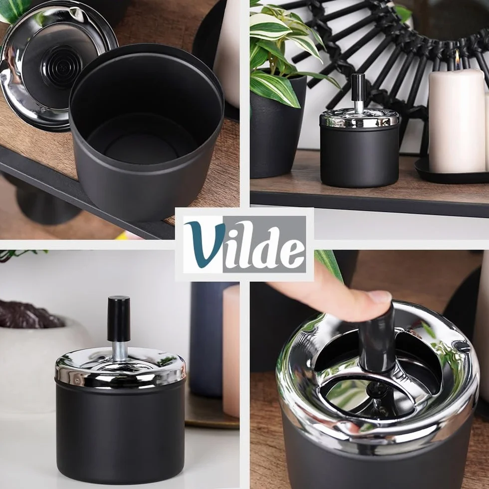Vilde Popielniczka obrotowa – Ø 9,5 x 13 cm – popielniczka z pokrywką i przyciskiem – bezzapachowa i odporna na wiatr – wykonana z metalu w kolorze czarnym/srebrnym – na taras, balkon, do gastronomii