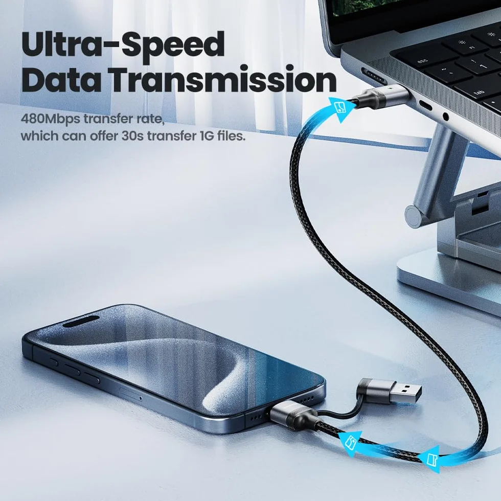 Toocki Kabel USB C do USB C 2 w 1 60W Szybkie Ładowanie PD Kabel z Adapterem USB A 1.2m Pleciony Nylon Przewód do Transmisji Danych Kompatybilny z iPhone 16/17, MacBook, iPad, Galaxy, Xiaomi, Szary