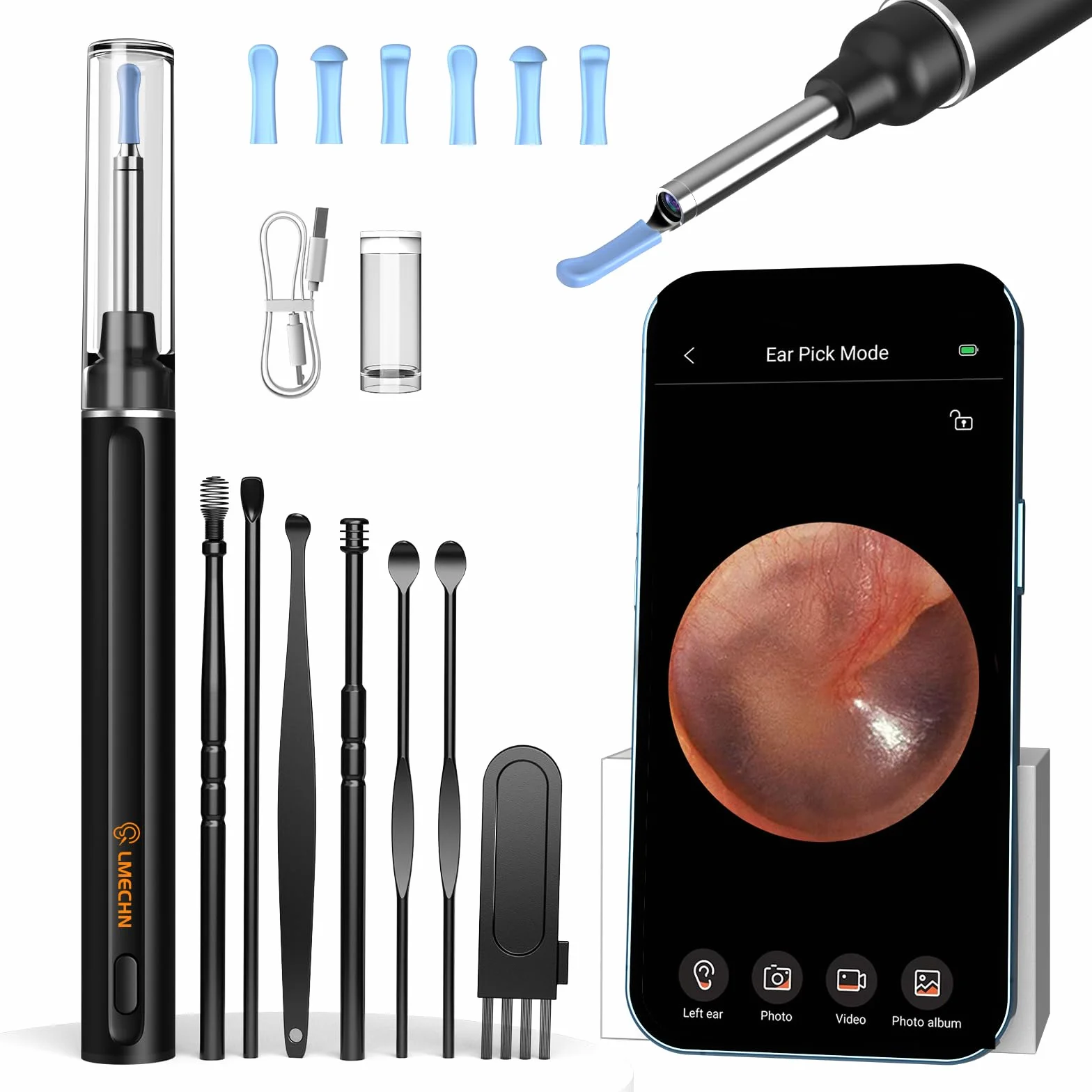 inteligentny środek do czyszczenia uszu, otoskop 1080p HD z aparatem, otoskop z 6 diodami LED, wodoszczelność IP67, do iPhone'a, smartfonów z systemem Android i iPada, kolor czarny