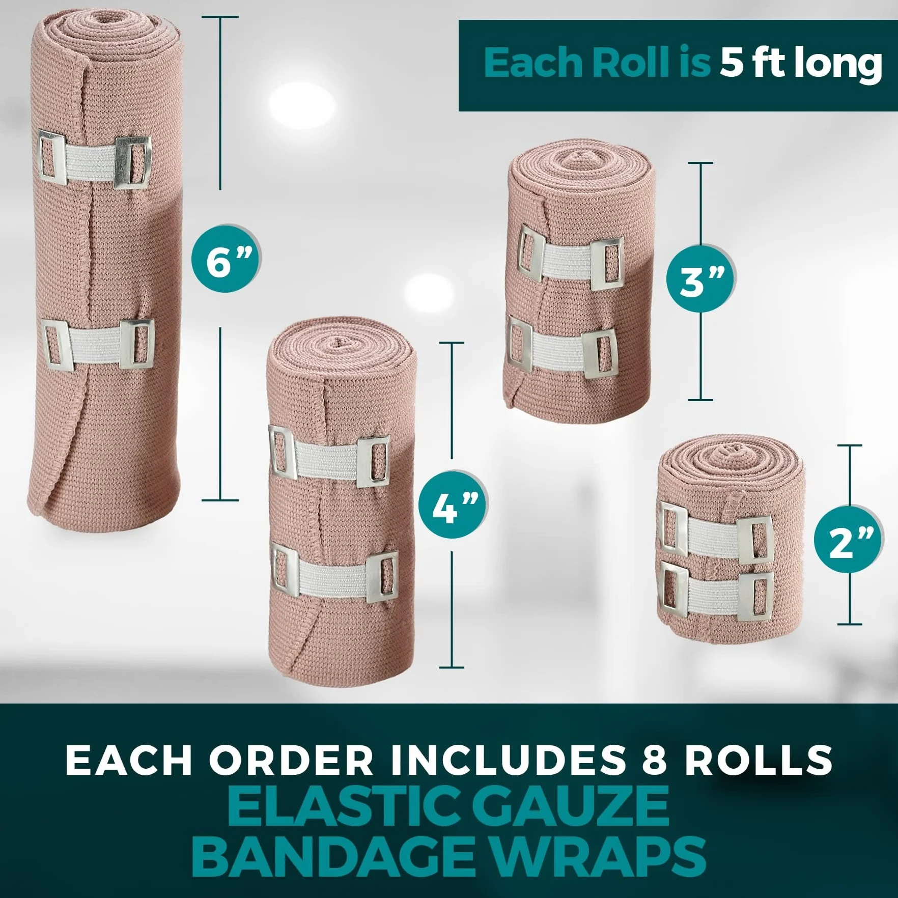 MEDca Elastic Compression Bandage Wrap - First Bandages Roll Measures 2", 3", 4", 6" x 5 Ft z 4 dodatkowymi haczykami - Athletic Sports Stretch Wraps for Ankle, Wrist, Arm & Leg Sprains (Pack of 8)