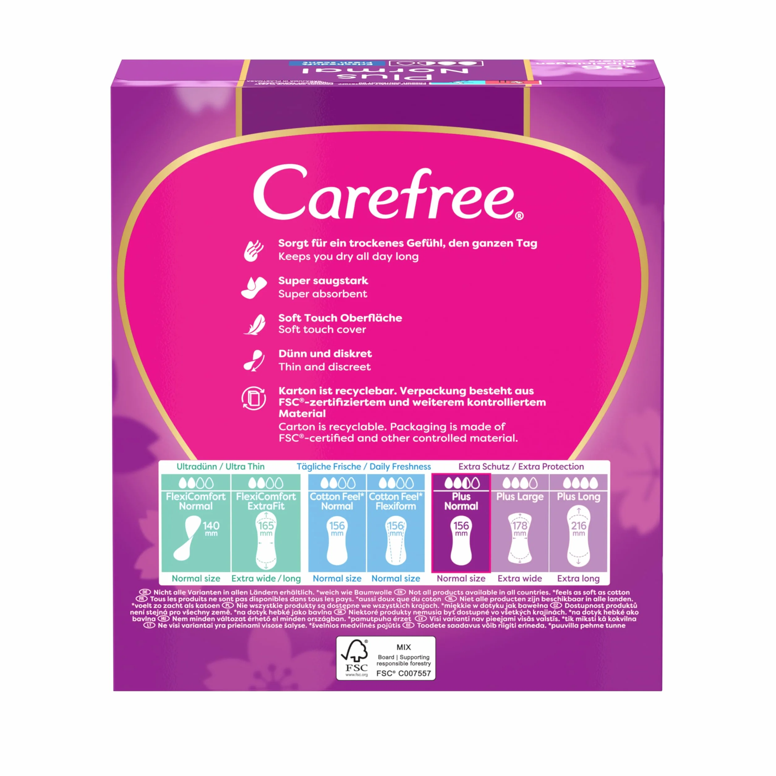 Carefree Plus Original Fresh 56 szt. Wkładki higieniczne o świeży zapachu, Standardowym rozmiar, który zapewnia kontrolę nad nieprzyjemnych zapachem do 12 godzin, Bez barwników i chloru
