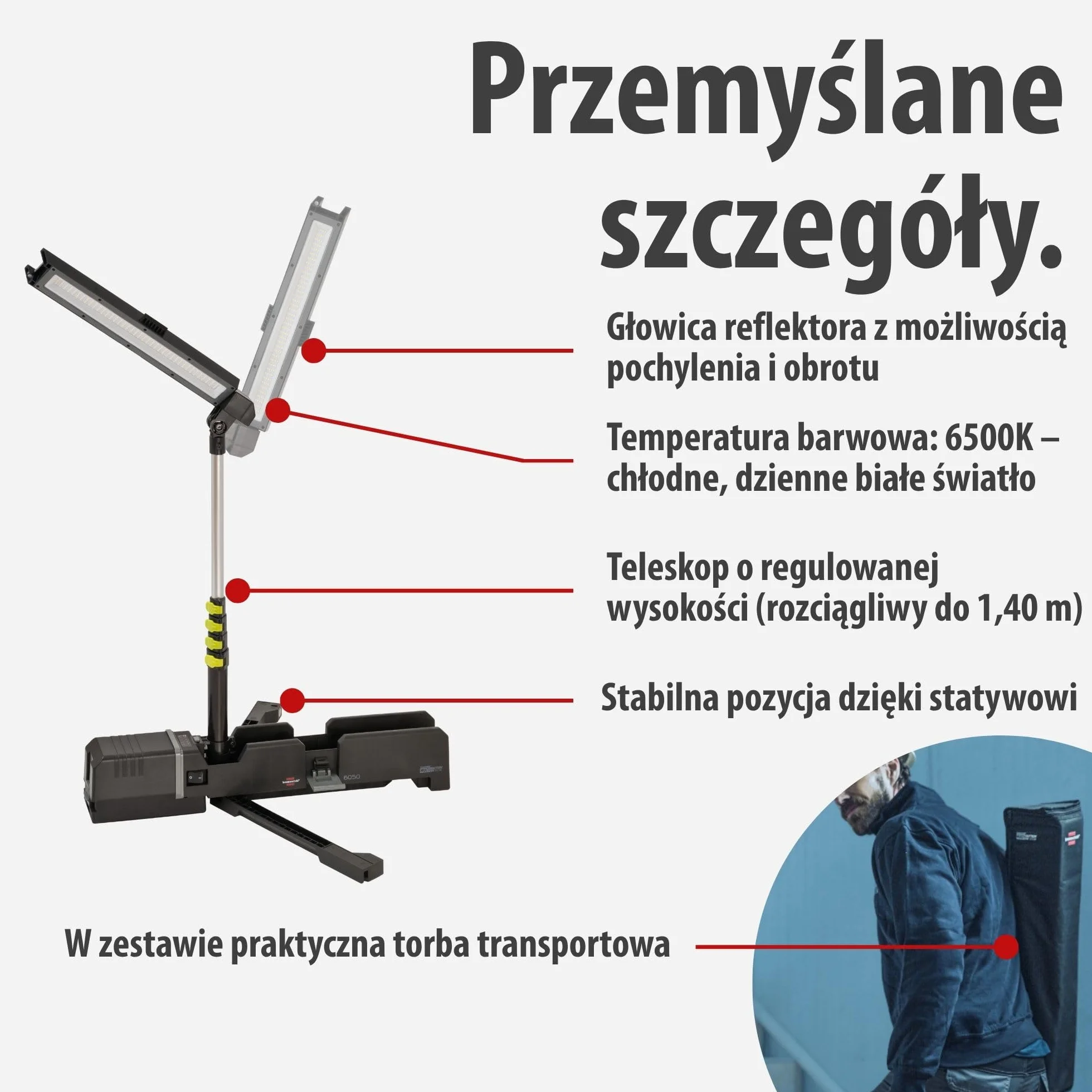 Brennenstuhl Multi Battery LED Akku Teleskopowa lampa robocza 6050 MA (7700lm, IP54, kompatybilny z akumulatorami 18V od 10 różnych producentów, bez baterii, Engineered in Germany)