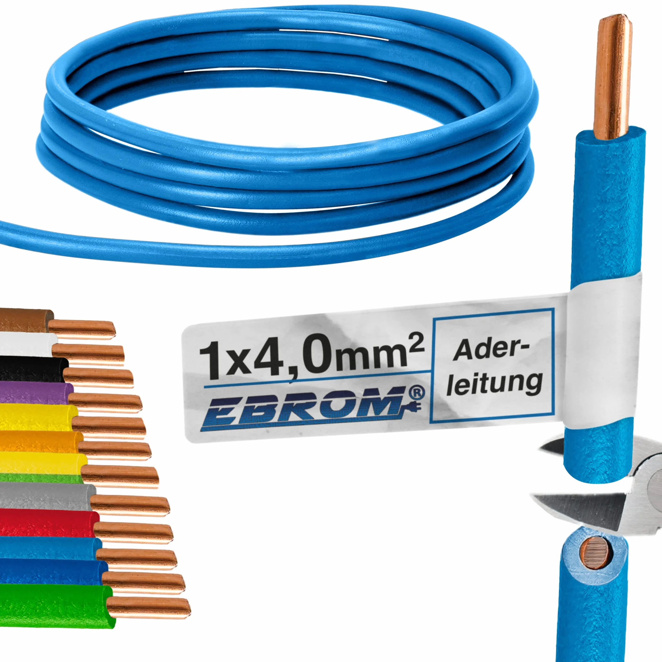 EBROM - 5 metrów przewód żyłowy jednożyłowy - pojedyncza żyła - przewód okablowania sztywny - przewód PCW - H07V-U 4mm2 | 4 mm² | 4 mm2 - kolor: jasnoniebieski - pełna miedź 99,9% OFC miedź - długość