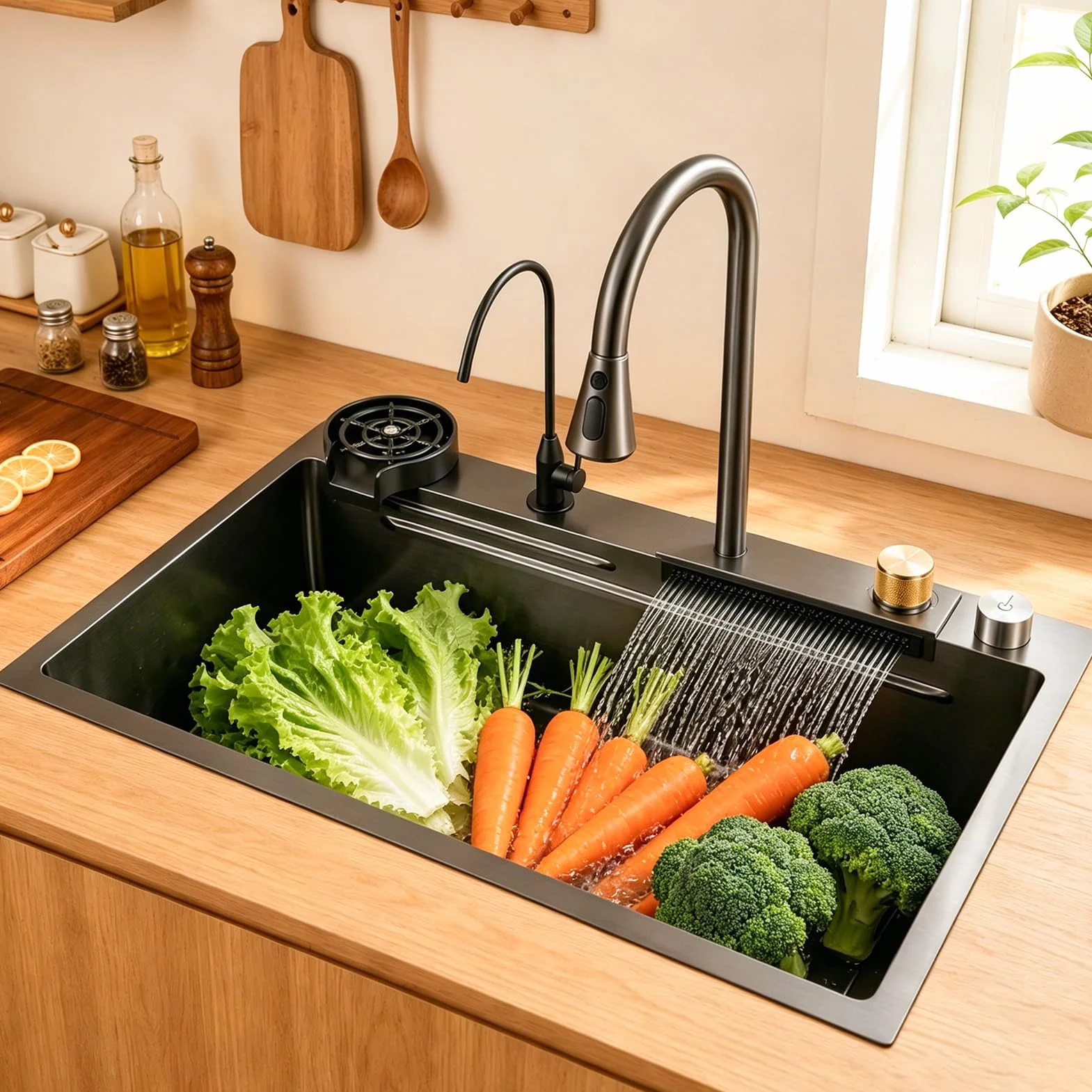 Waterfall Kitchen Sink Stainless Steel Top Mount Sink Black Nano Single Bowl Sink Multifunctional Workstation Sink With Pull-out Faucet, Glass Cup Washer, Drain Basin, Drainage Assembly(80x45x22cm)