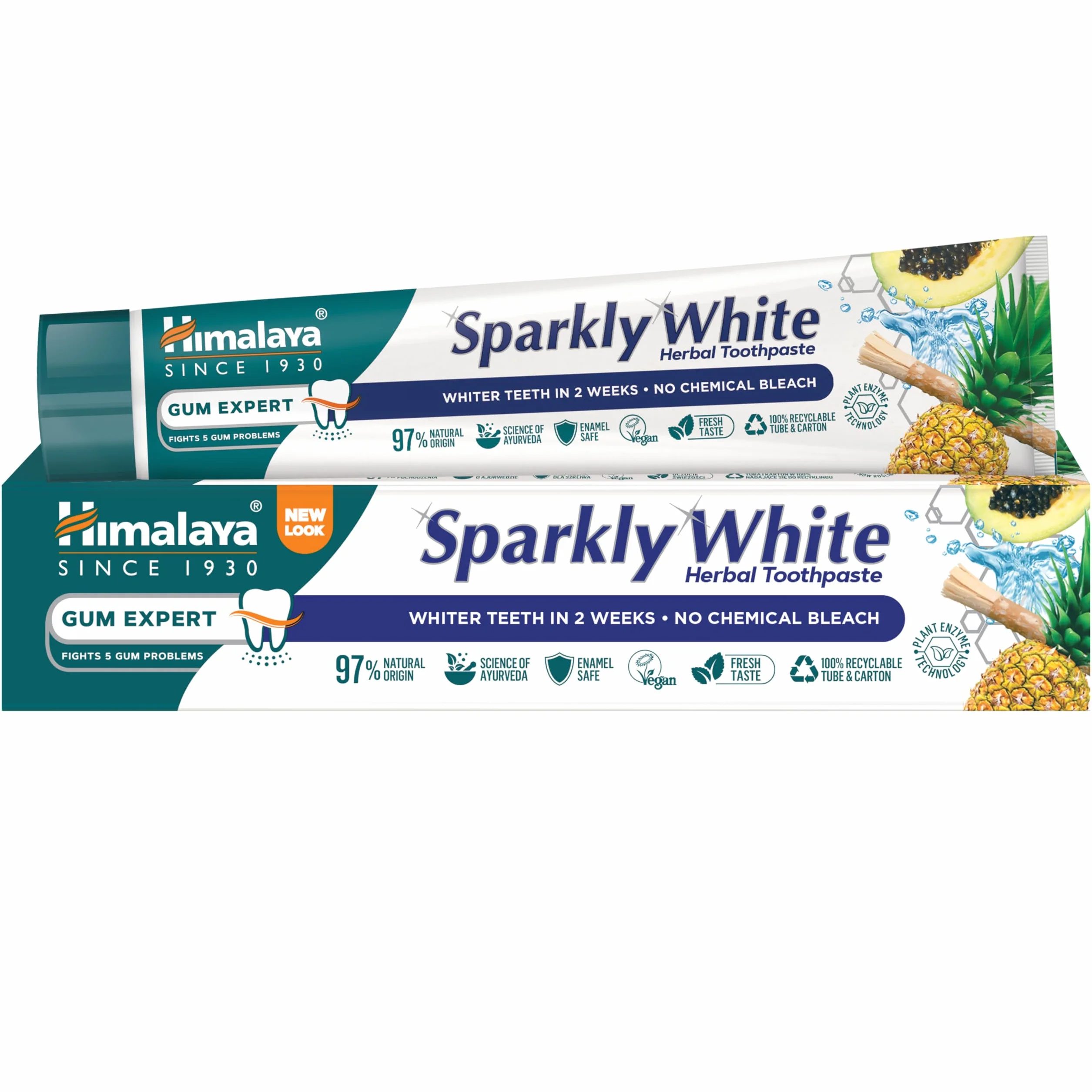 Himalaya Sparkly White Ziołowa Pasta do Zębów 75ml Wybielanie, Zdrowe Dziąsła, Bezpieczna dla Szkliwa, Wzmacnia Zęby | 97% Naturalnych Składników, Wegańska, Bez Fluoru, Technologia Enzymów Roślinnych