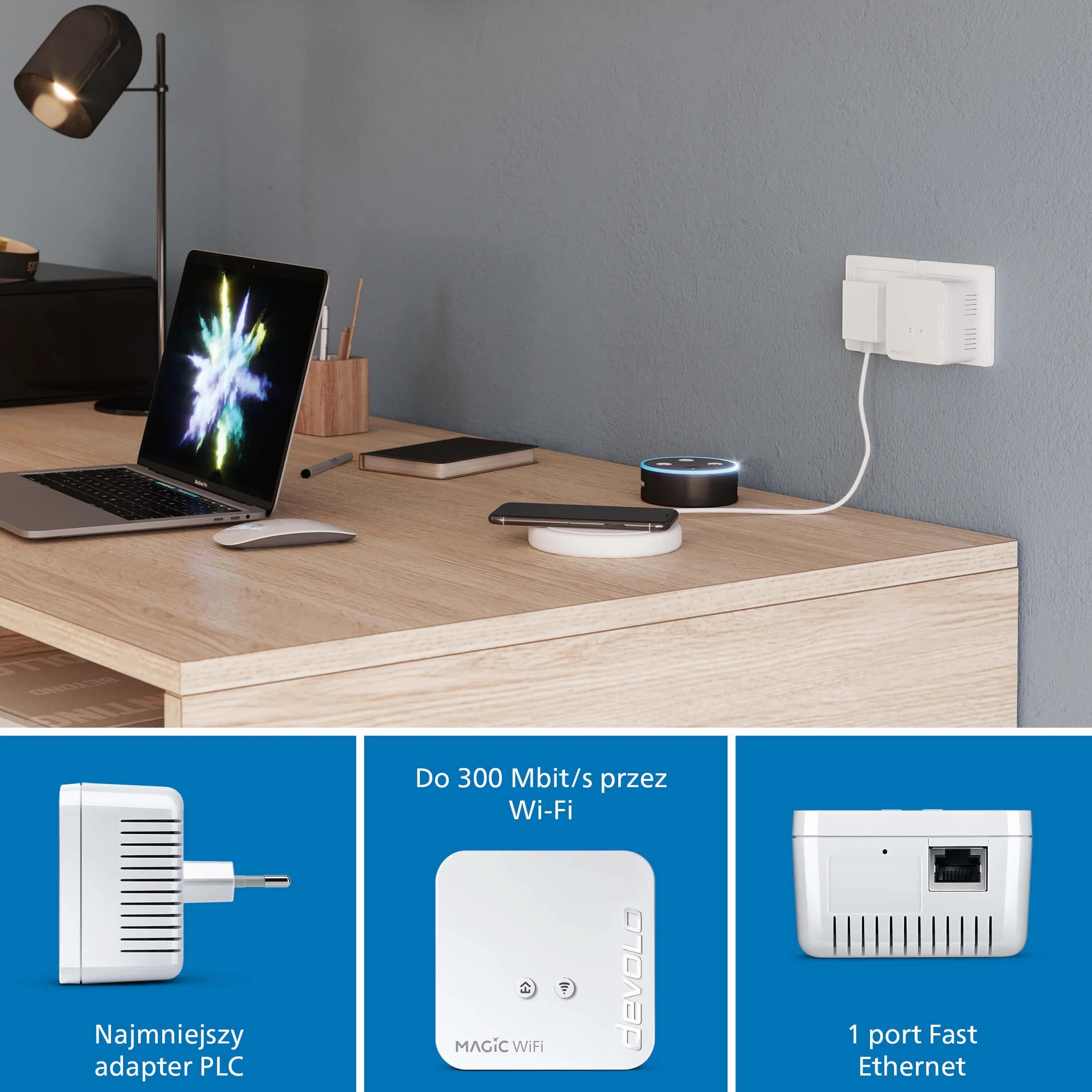devolo Magic 1 WiFi mini Starter Kit, adapter Powerline Wi-Fi, do 1 200 Mbit/s, wzmacniacz Wi-Fi, 1x port LAN, biały