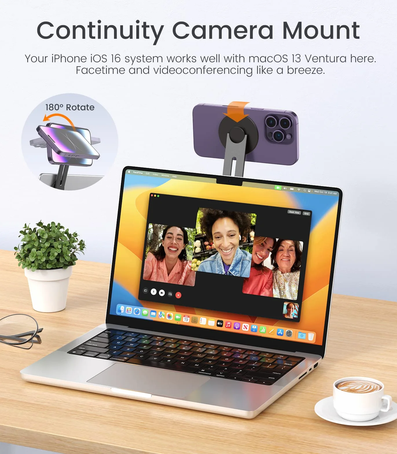 MoKo Magnetic Laptop Phone Holder, 180° Adjustable Continuity Camera Mount for iOS 16/macOS 13 Ventura, Fits iPhone 14/13/12 Series, Slim Computer Expansion Bracket Stand for Smartphone, Black