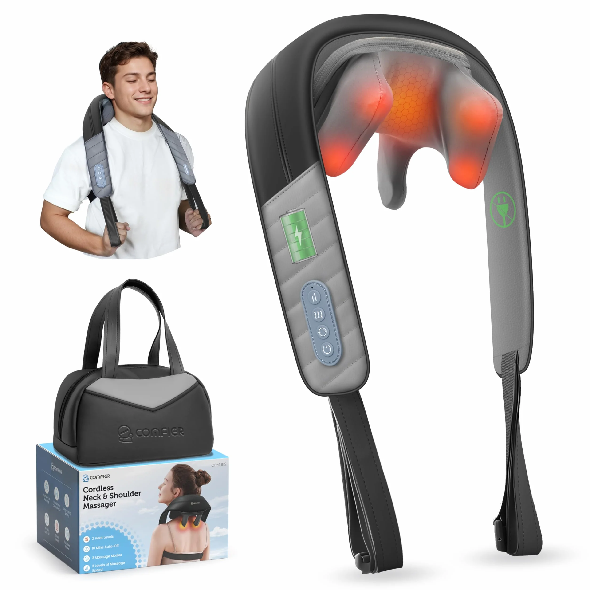 COMFIER Shiatsu urządzenie do masażu karku z ciepłem, bezprzewodowe urządzenie do masażu głębokiego ugniatania 4D, łagodzące kark, ramiona i plecy, prezent dla mężczyzn i kobiet
