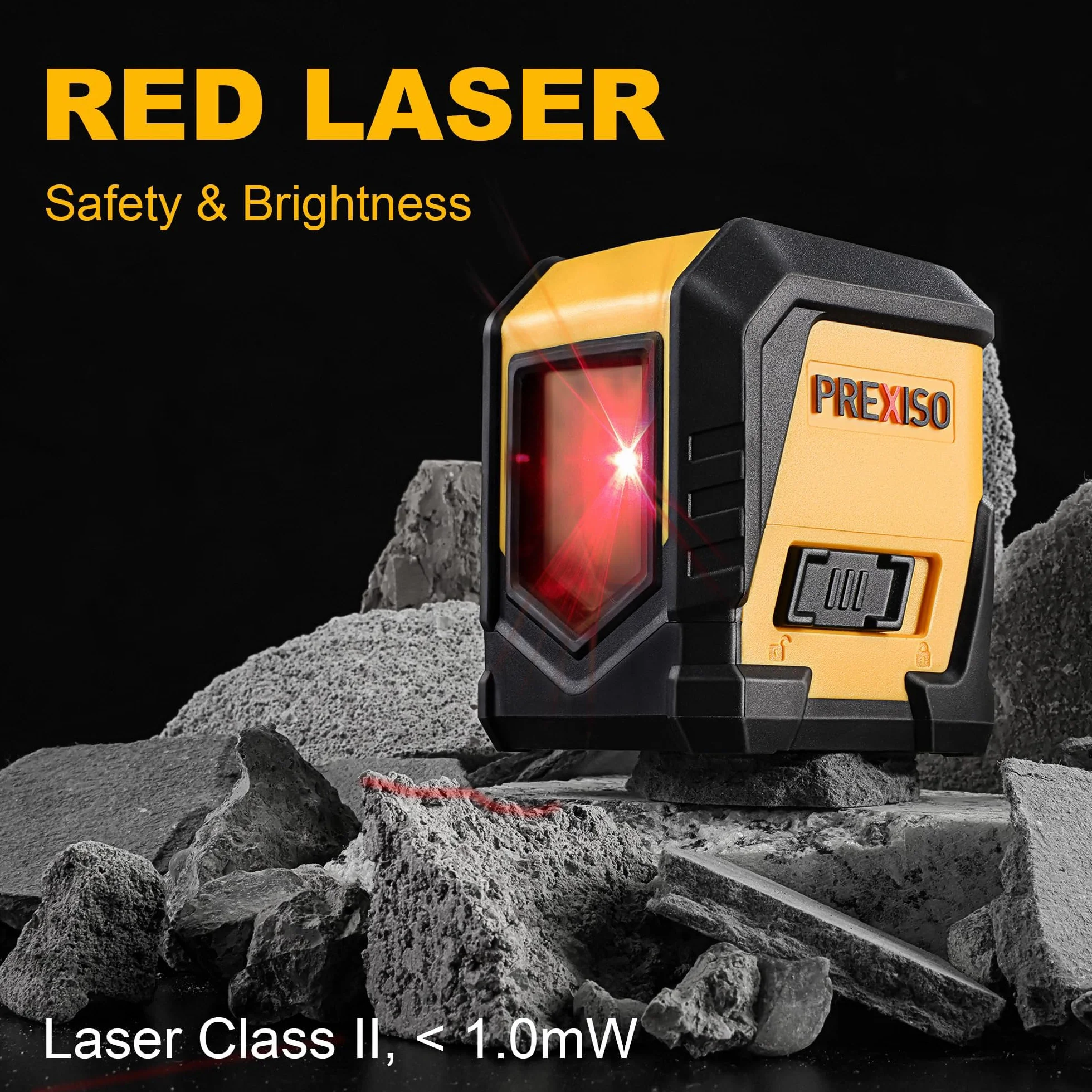 PREXISO Laser Krzyżowy, Samopoziomujący Laser Liniowy z Czerwonym Laserem, Wraz z 2 Bateriami AA Alkalicznymi, Wszechstronnie Stosowany jako Poziomica Laserowa do Placów Budowy