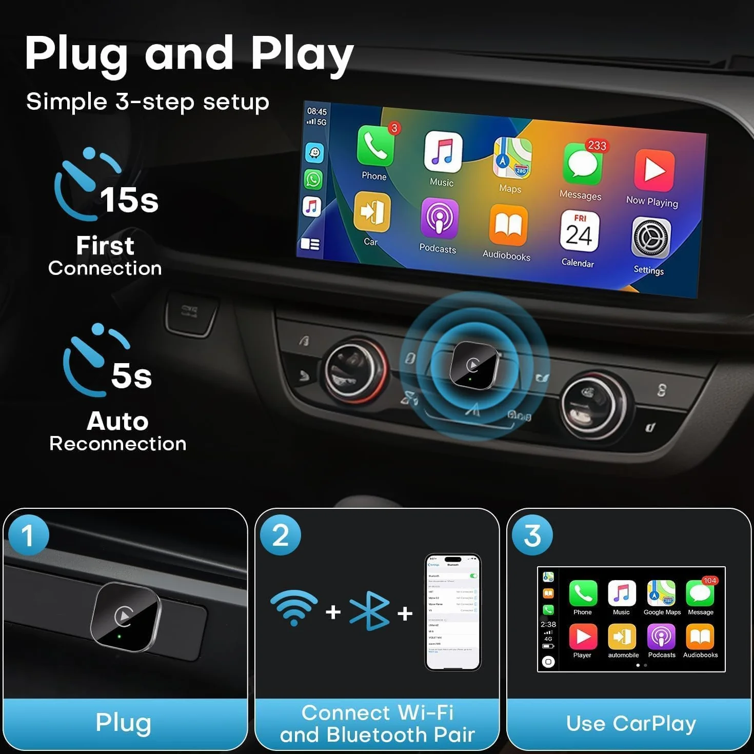 Bezprzewodowy adapter CarPlay, Android Auto Wireless, Obsługuje OTA stabilny, szybki mini Carplay, Wireless Stick Plug & Play, kompatybilny z Android 11+, do pojazdów z Carplay