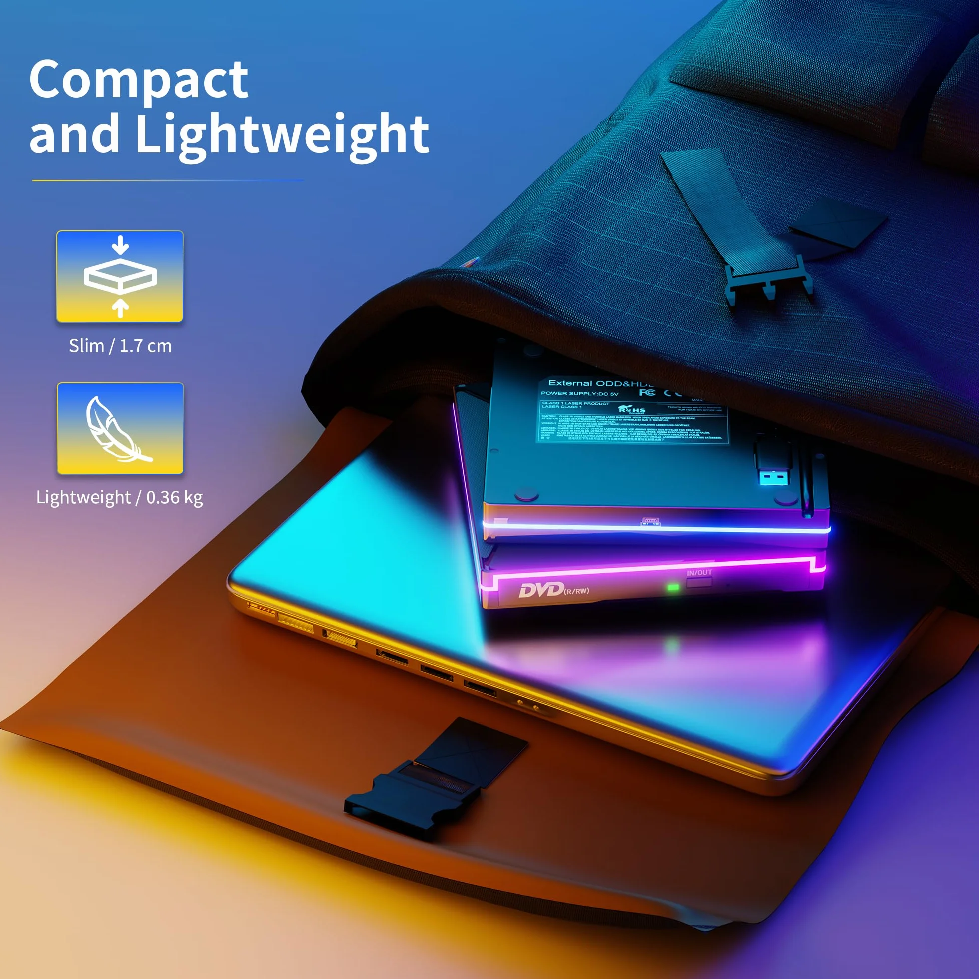 Zewnętrzny napęd CD/DVD USB 3.0 USB C z RGB do Mac i Windows