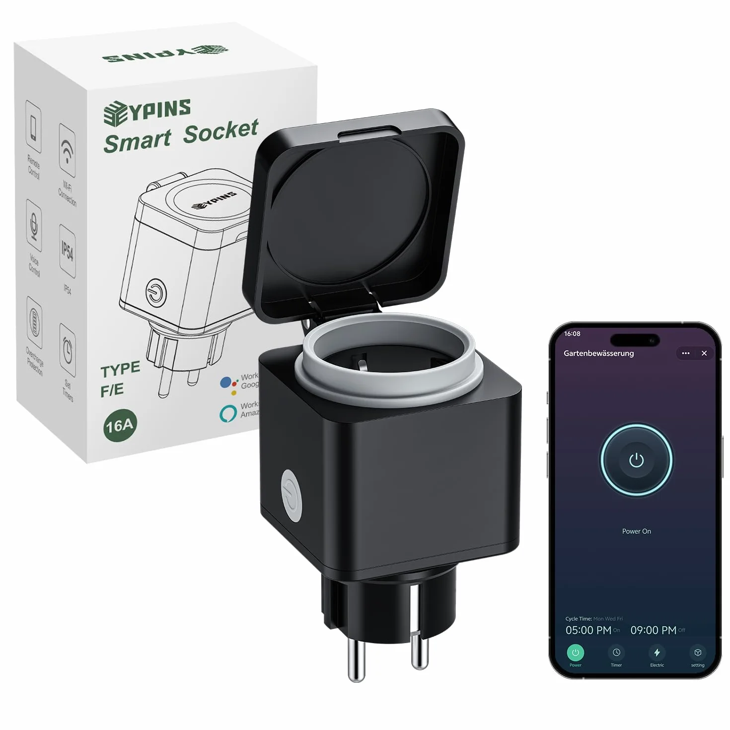 EYPINS Gniazdko WLAN do użytku na zewnątrz IP54, Inteligentne gniazdko zewnętrzne z pomiarem prądu, harmonogramem, ochroną przed przeciążeniem, Sterowanie głosem za pomocą Alexa i Google Home, Zdalne
