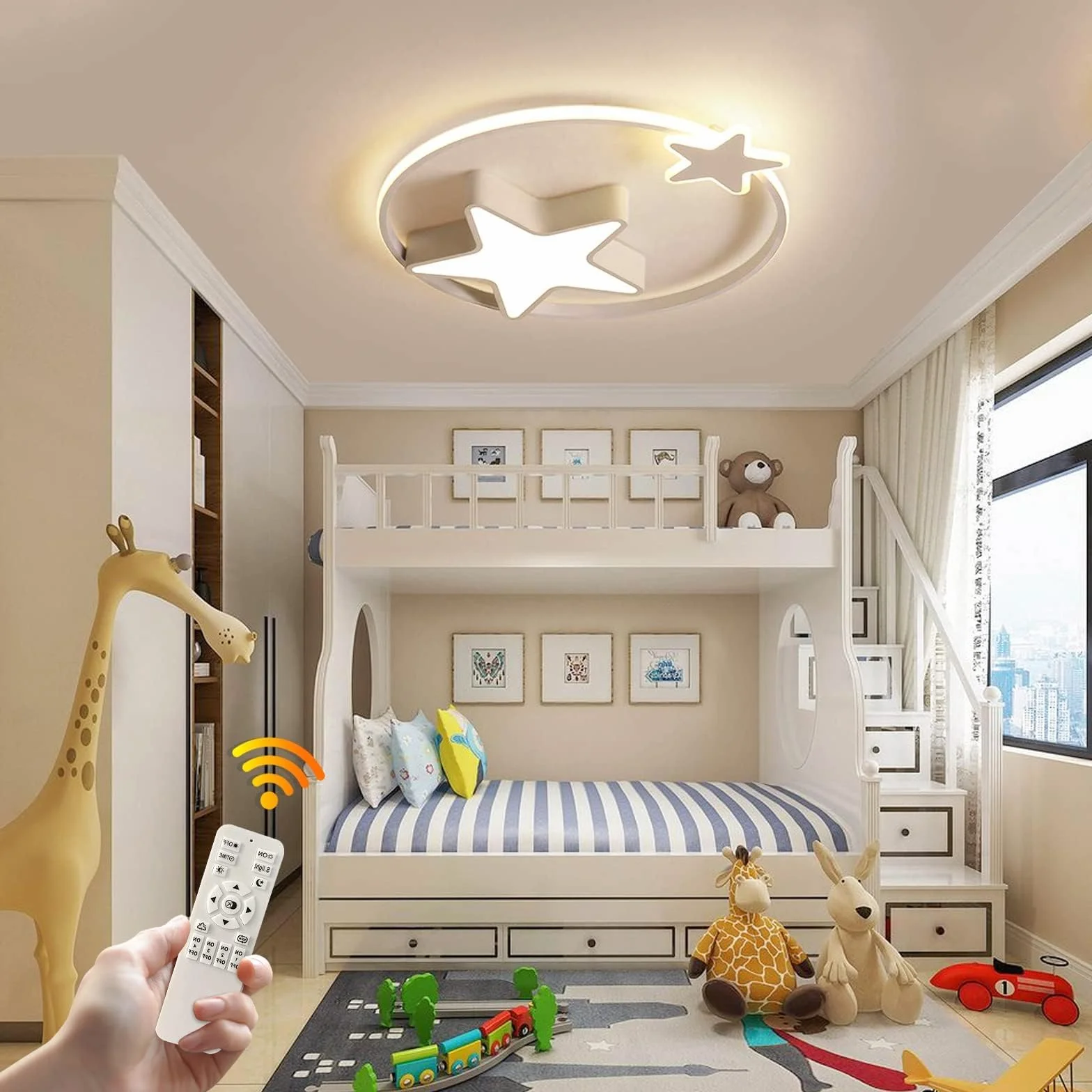Biała Lampa Sufitowa LED | Nowoczesna Okrągła Lampa Dziecięca | Gwiazda Gwiaździste Niebo Dzieci Światło | Ø55cm 48W | Możliwość Przyciemniania Za Pomocą Pilota | Pokój Dziecięcy Chłopcy Dziewczęta