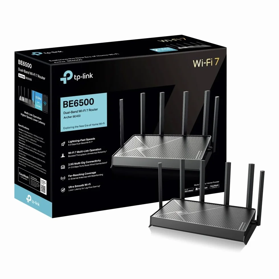 TP‑Link Archer BE400, Router Dwupasmowy Wi‑Fi 7 BE6500, 2×2,5 Gb/s (WAN + LAN), 3× Gb/s LAN, USB 3.0, 6 anten, MLO, Beamforming, OFDMA, MU‑MIMO, HomeShield, EasyMesh, Kolor: Czarny