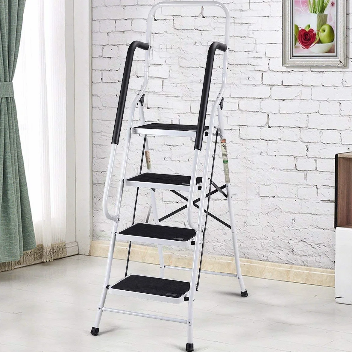 Drabina domowa z poręczą i antypoślizgową matą, składana drabina design, drabina do domu, kuchni, ogrodu, garażu, magazynu, 4 stopnie, przenośna, składana, odporna na uszkodzenia