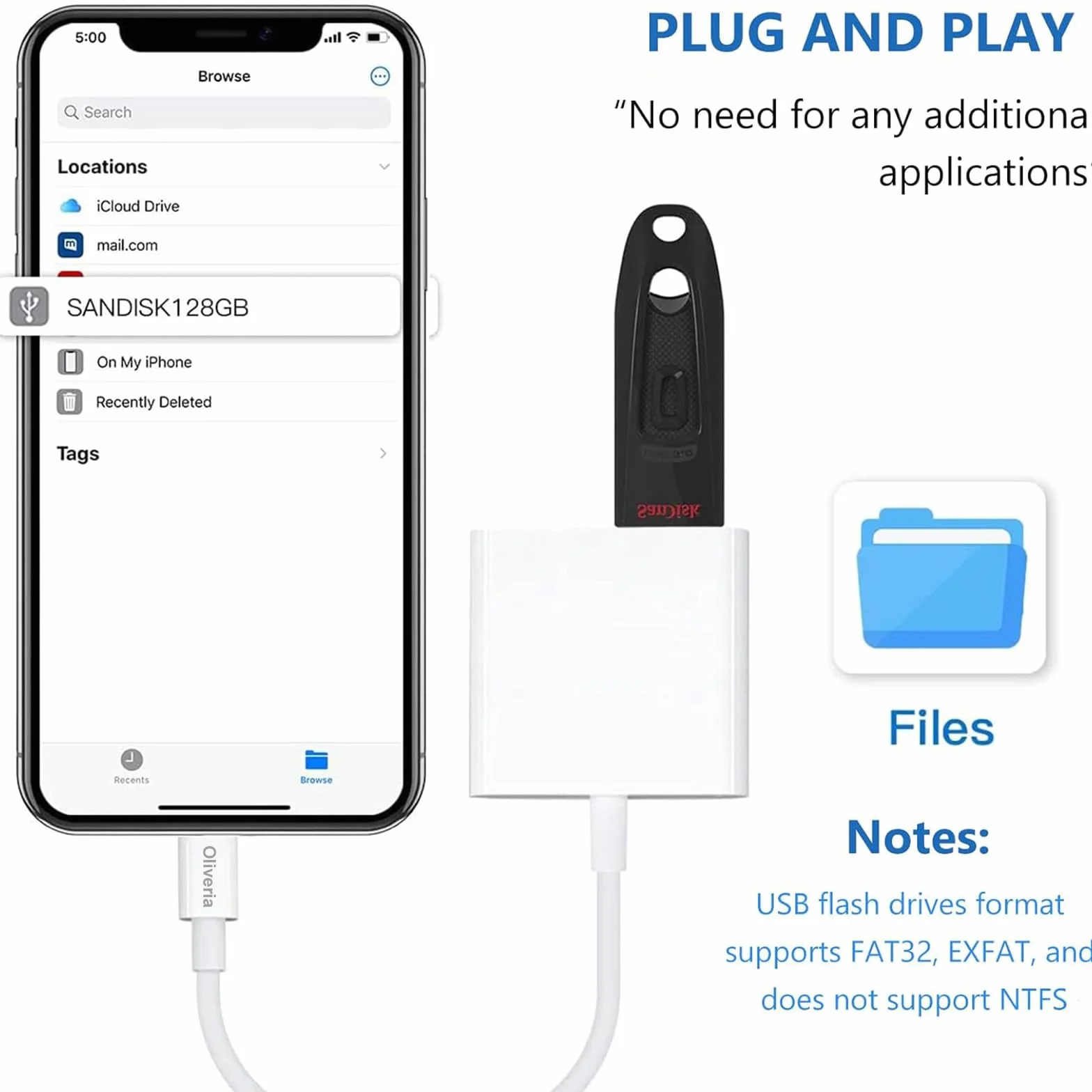 Adapter USB Oliveria do aparatu iPhone iPad, gniazdo OTG, kompatybilny z iPhone i iPad, równoczesne ładowanie i odczyt kart, Plug and Play, przenośny