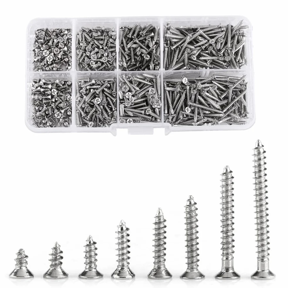 Akozon 800PCS M2 zestaw wkrętów samogwintujących wkręty samogwintujące z łbem krzyżowym z płaskim łbem łącznik do drewna z pudełkiem