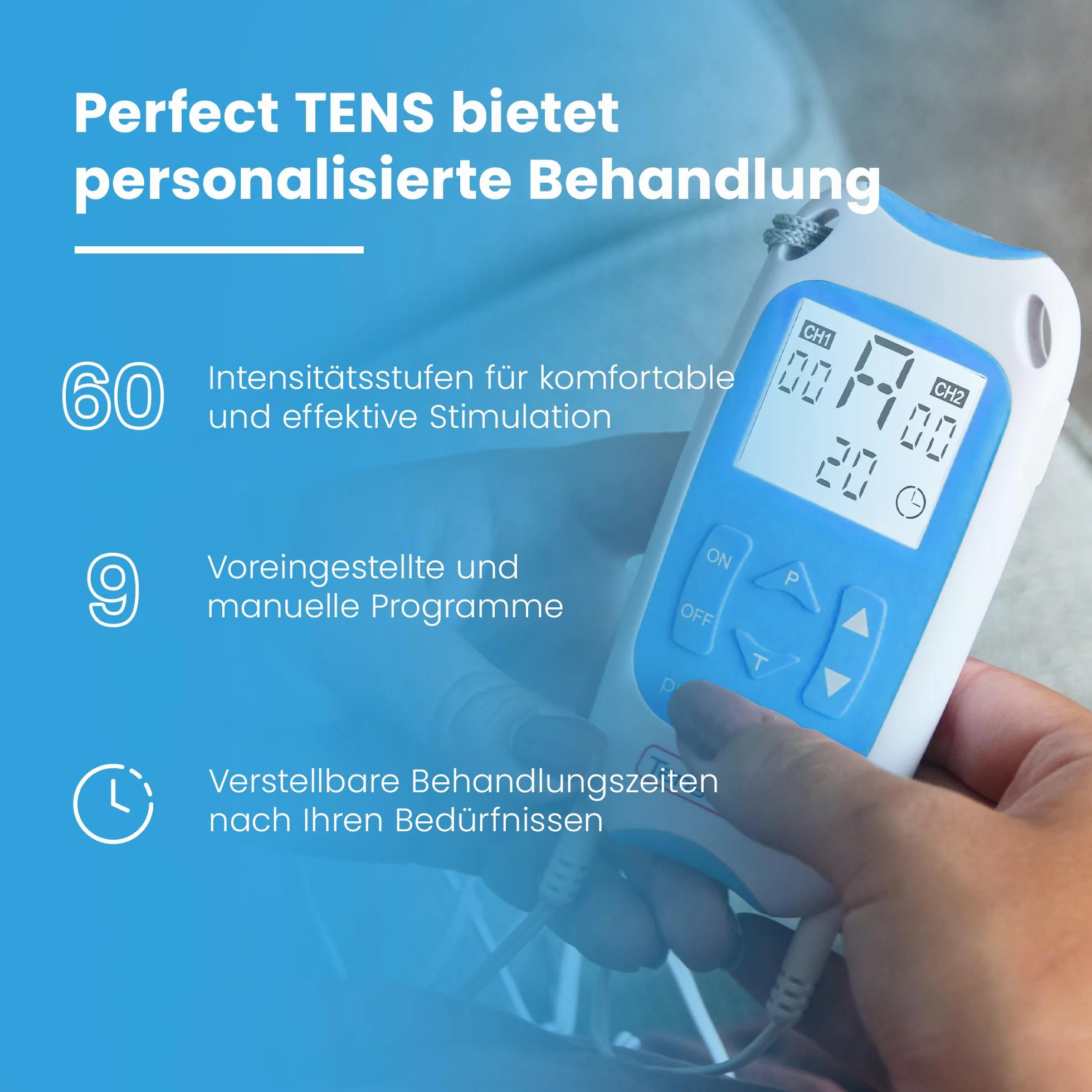 TensCare Perfect TENS – urządzenie TENS z 16 elektrodami do łagodzenia bólu, klinicznie sprawdzone programy na bóle pleców, artretyzm, przewlekły ból, 2 kanały