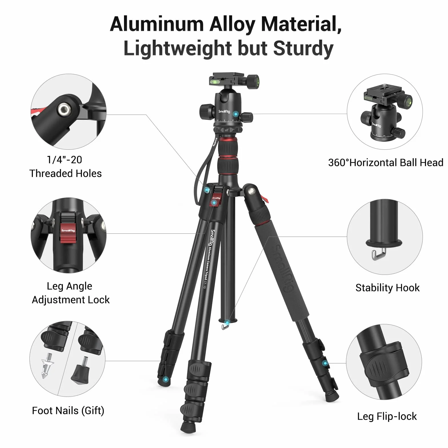 SMALLRIG 71" statyw fotograficzny składany aluminiowy, głowica kulowa 360°, ładowność 15 kg