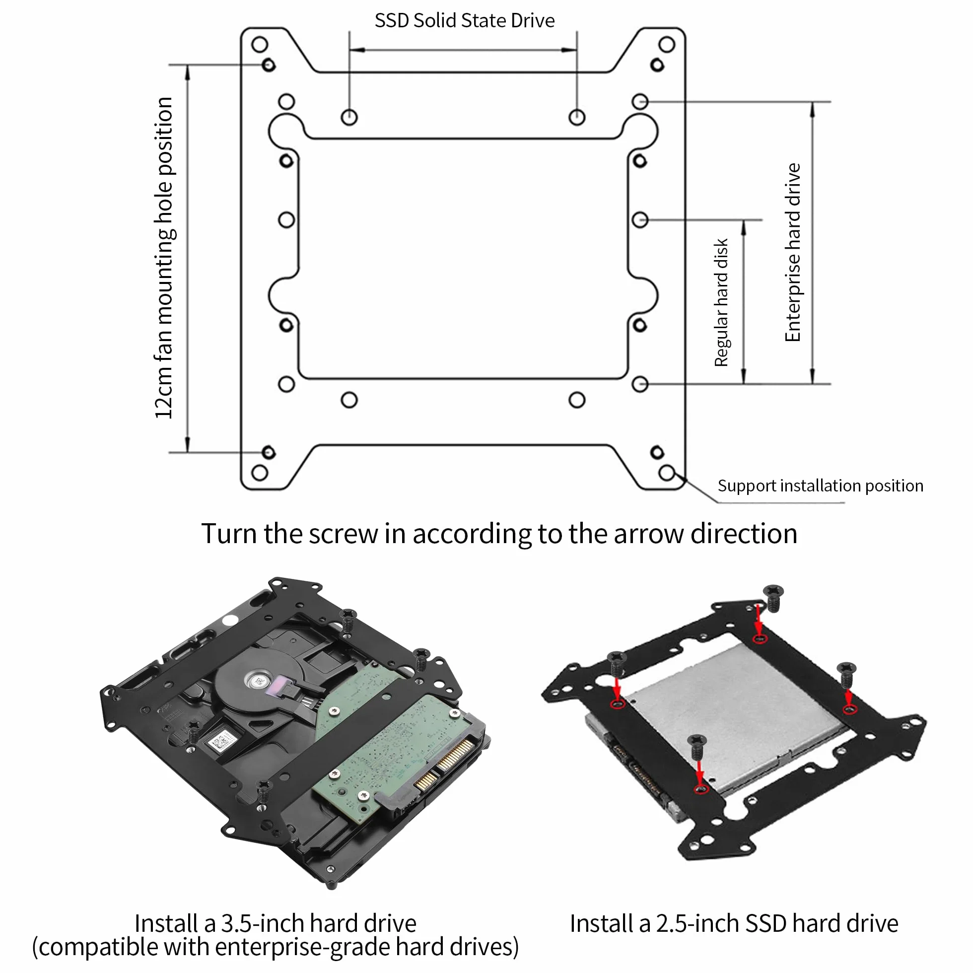Metalowy uchwyt na dysk twardy HDD/SSD 2,5/3,5 cala do wentylatorów 8/12 cm