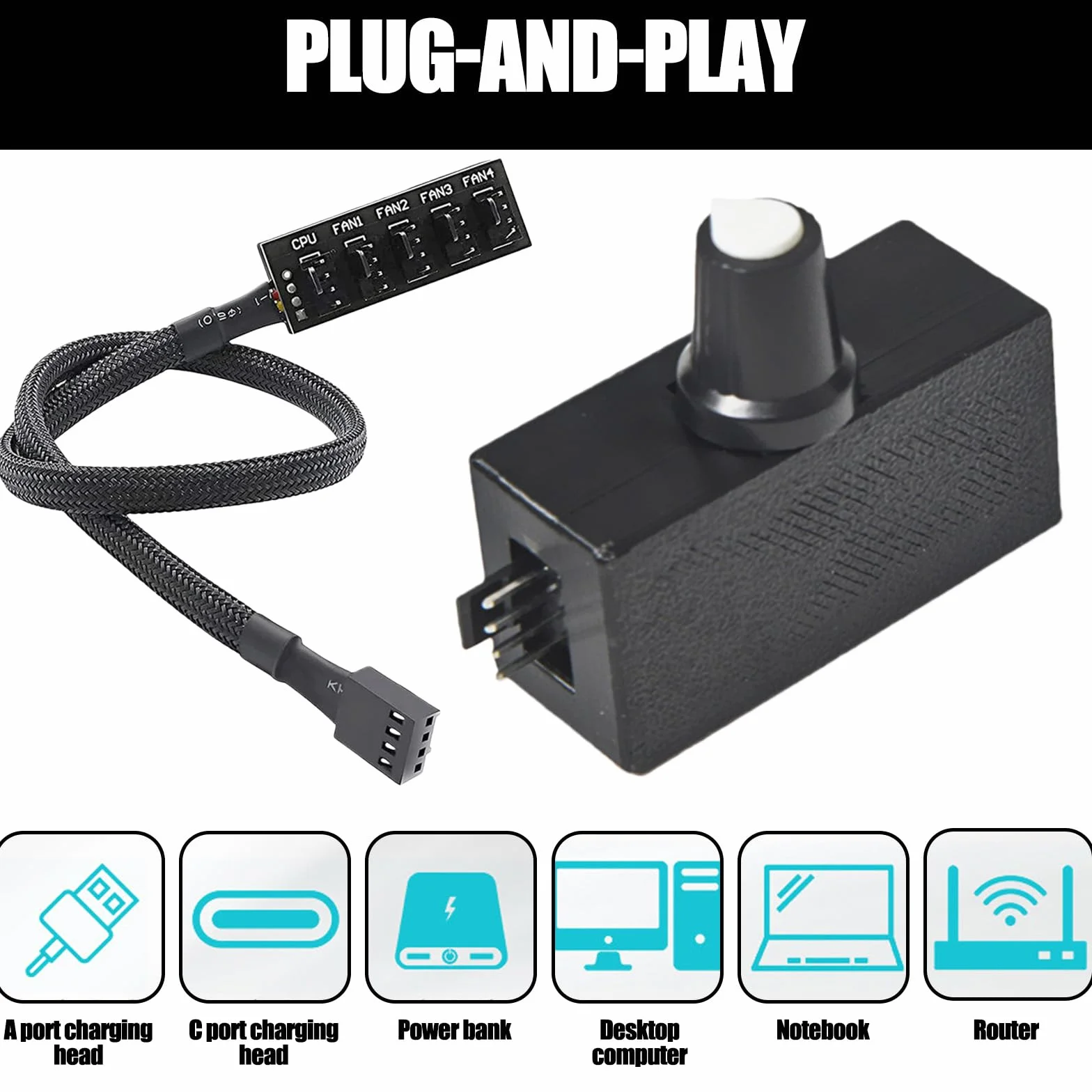 Regulator 4 Pin 12V PWM z kablem zasilającym USB typu C i 4 Pin 5-kanałowy PWM splitter hub, 15–18 W, 1,2–1,5 A wyjście, regulator obrotów wentylatora, regulator PWM, regulator prędkości PWM