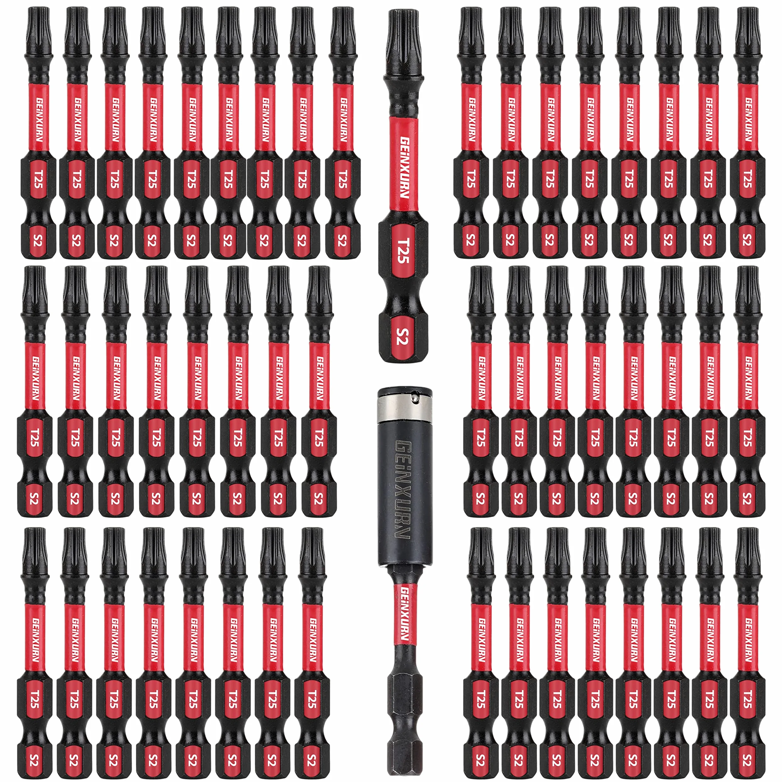 GEINXURN 50 sztuk T25 2 In. Impact Tough Magnetic #25 Torx Head Power Bits, zestaw bitów wkrętakowych ze stali stopowej S2 T25 z 1 uchwytem na bity udarowe