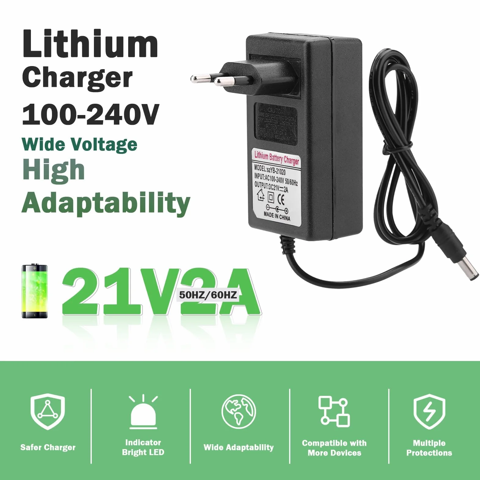 Akumulator litowo-jonowy, AC 100-240 V DC 21 V 2A Zapasowa ładowarka, profesjonalna ładowarka adaptera, ochrona wielokrotna (UE)