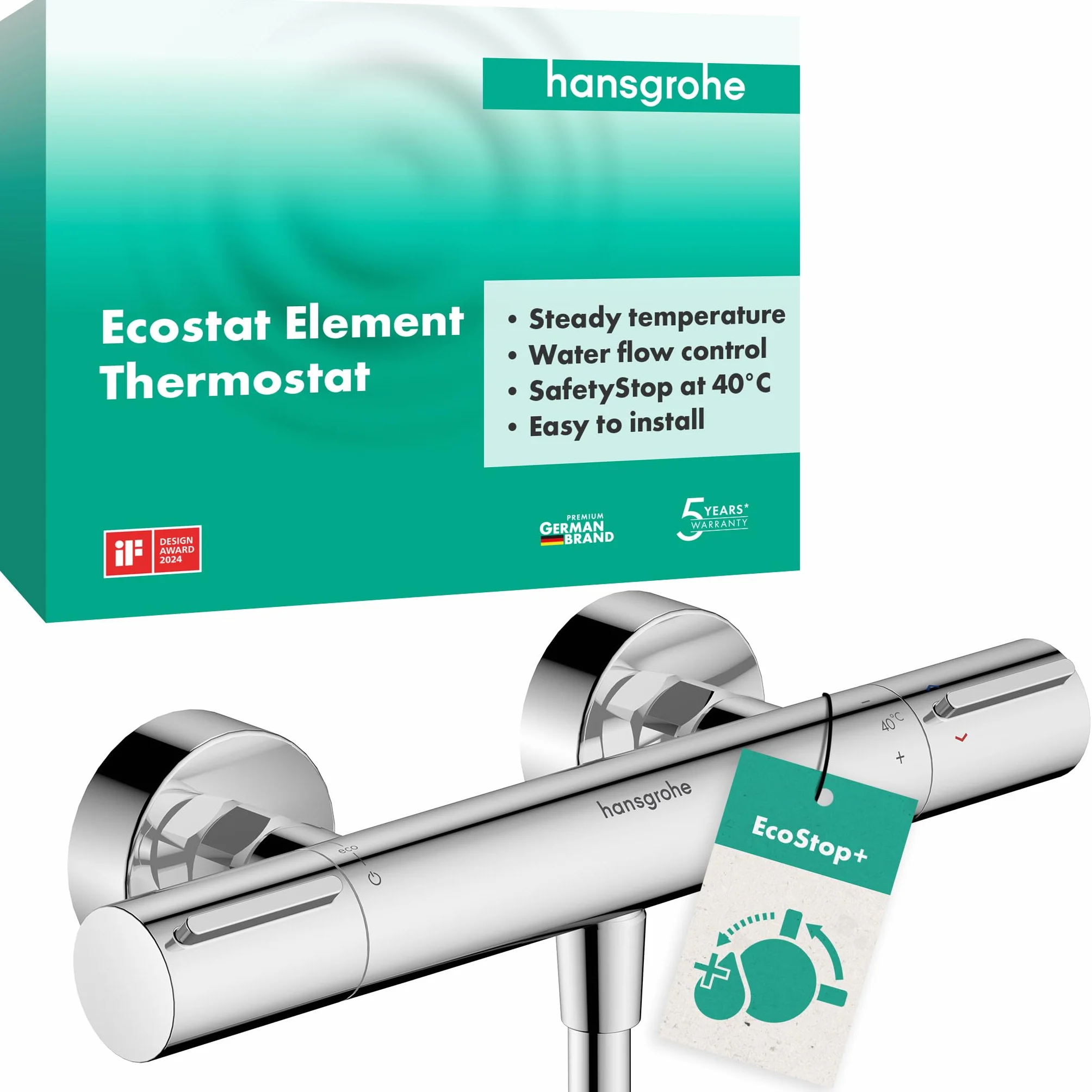 hansgrohe Ecostat Element - bateria termostatyczna prysznicowa natynkowy z EcoStop+, armatura prysznicowa z zabezpieczeniem przy 40 °C, thermostat, kran do 1 odbiornika, chrom, 13346000