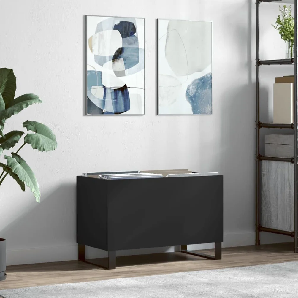 Fengshui Szafka panelowa czarna 74,5 x 38 x 48 cm materiał drewnopochodny | Stabilna górna płyta gramofonu, żelazne nogi, dużo miejsca do przechowywania płyt LP