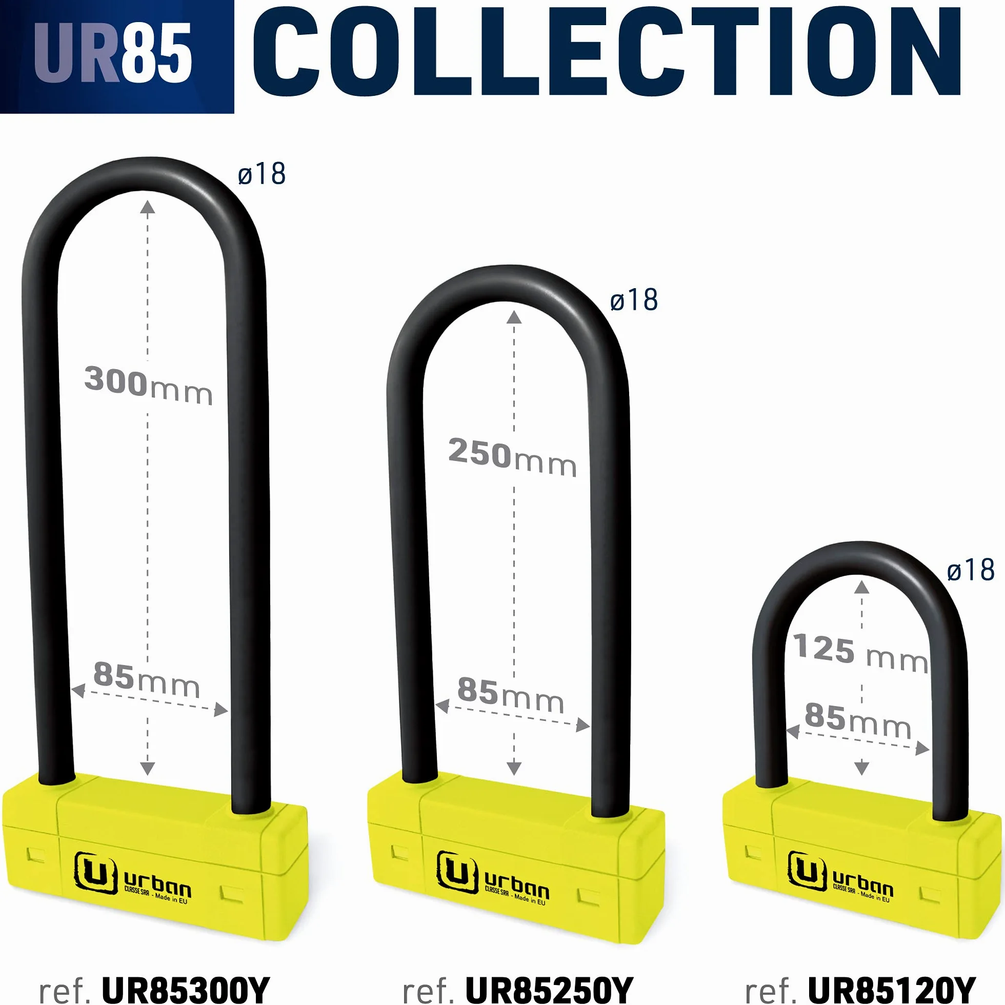 Urban Security UR85300Y zamek pałąkowy zabezpieczający przed kradzieżą, wysokie bezpieczeństwo, homologacja, podwójna blokada ø18, wyprodukowano w UE, 85 x 300 cm