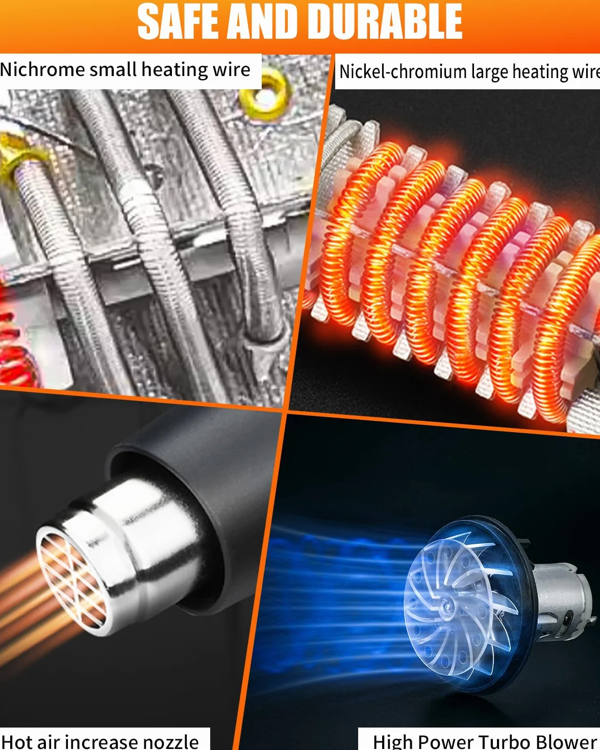 Pistolet na gorące powietrze, 2000 W, regulowana regulacja temperatury 160℃-650°C, 2 ustawienia przepływu powietrza z 5 akcesoriami, zabezpieczenie przed przeciążeniem, ceramiczny rdzeń grzejny