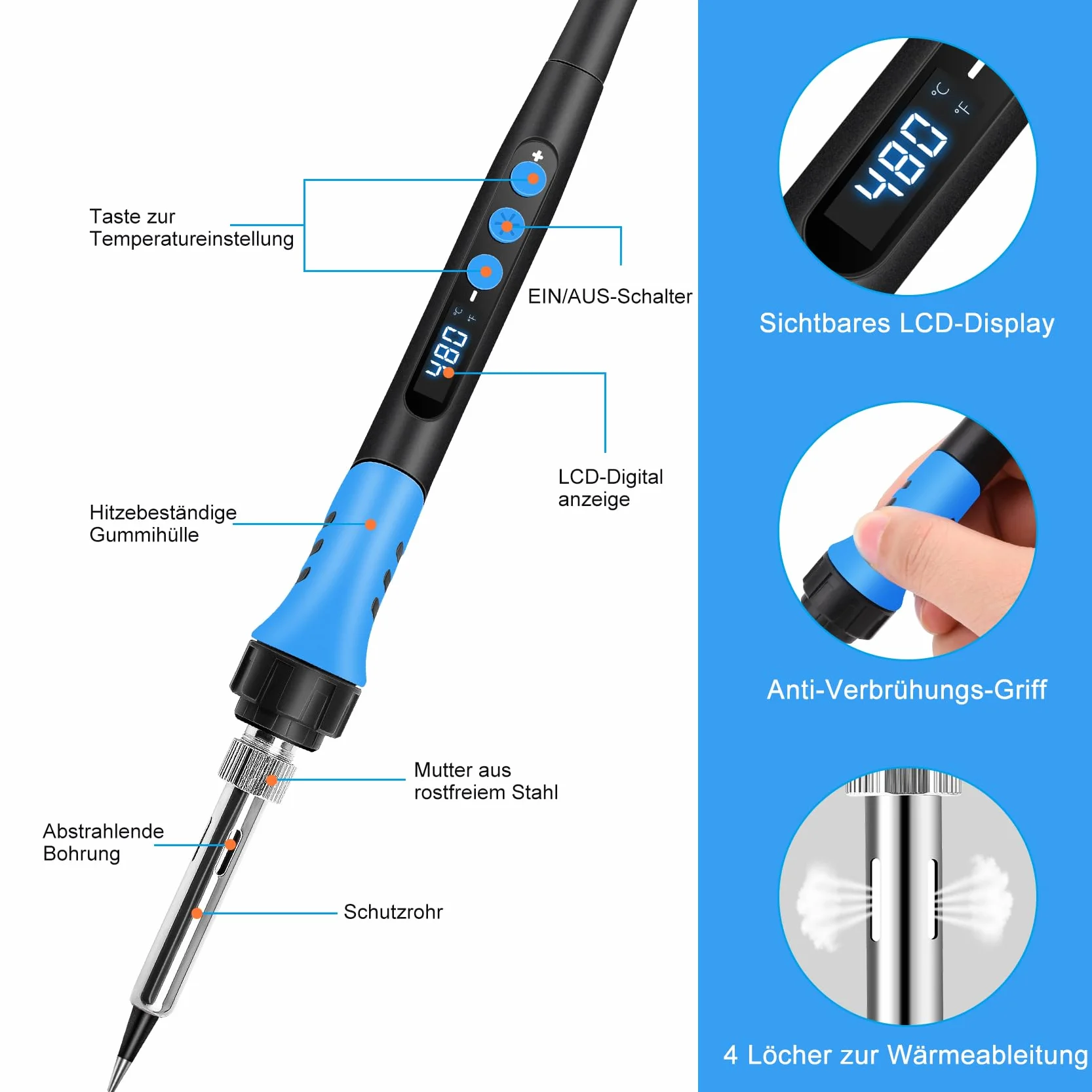 Soldering Iron Set 90 W LCD regulowana temperatura 180-480 °C Żelazko lutownicze z włącznikiem/wyłącznikiem, przewód lutowniczy 50 g, 5 końcówek lutowniczych, pompa do lutowania, stojak do lutowania,