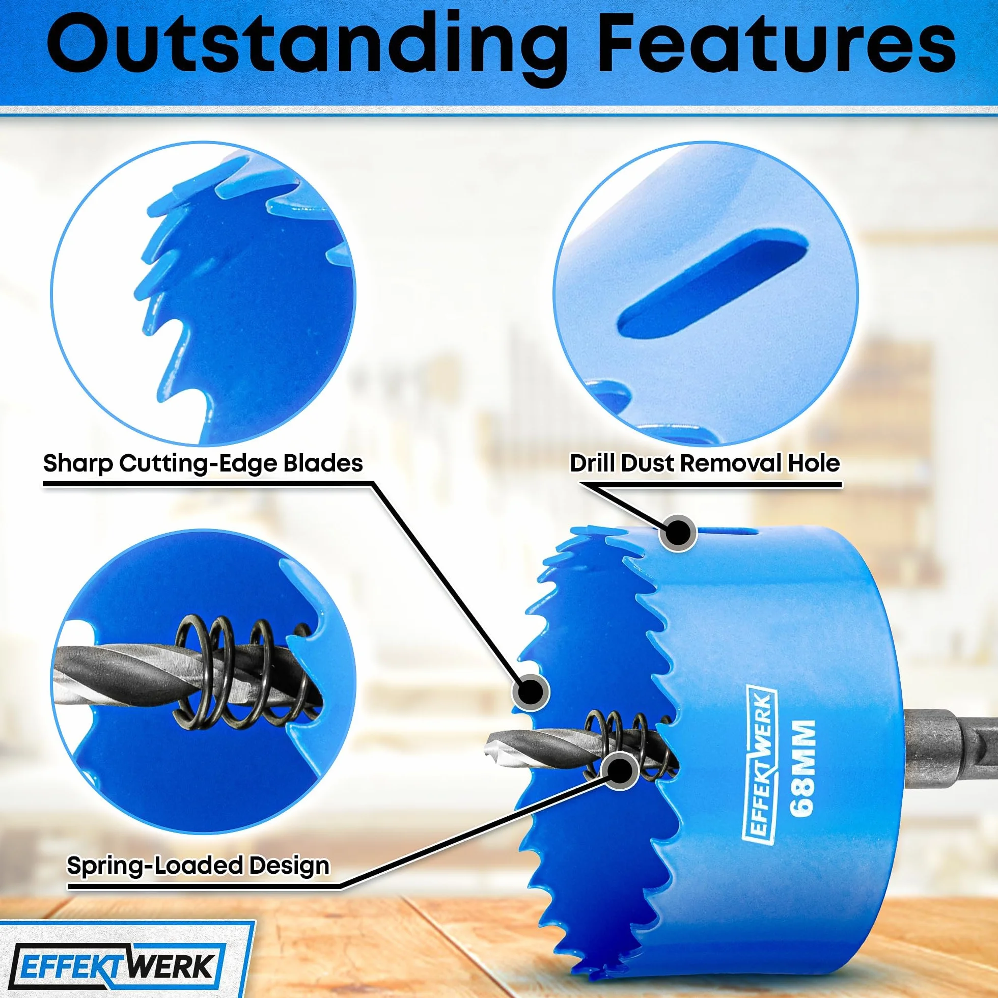 Hole Saw Drill Bit - 68mm - Includes 3 Centre Drills, Hex Key & Drill Adapter - Perfect for Soft Wood & PVC