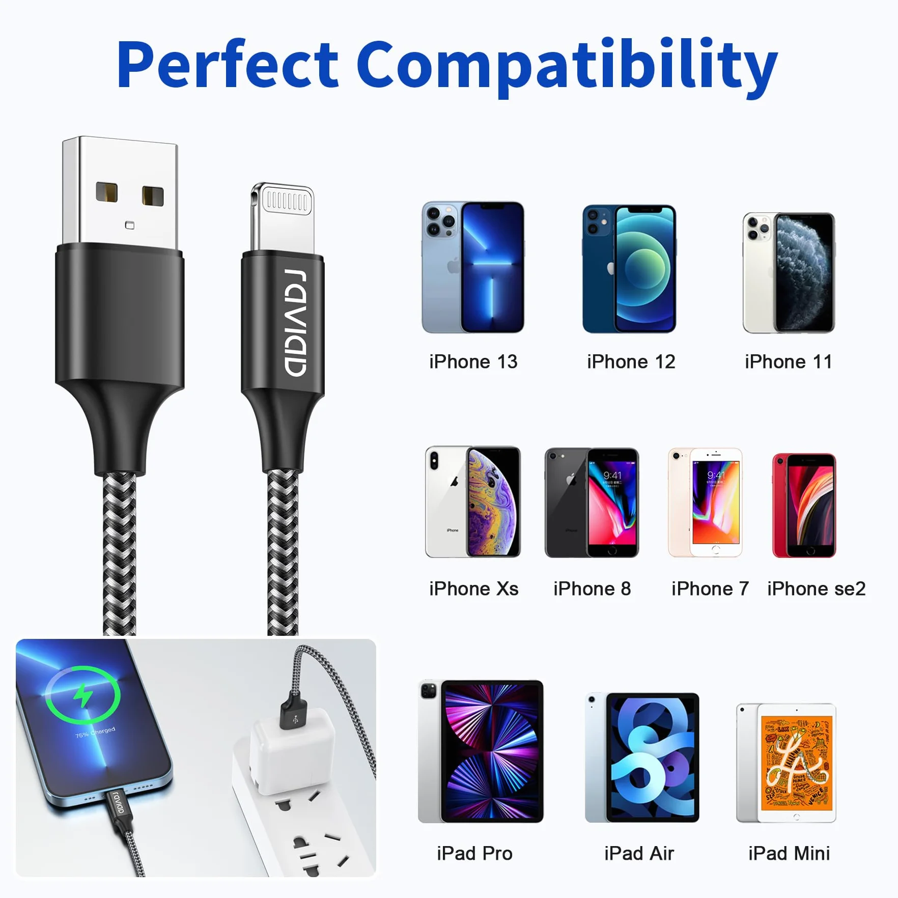 RAVIAD Kabel do ładowania iPhone 1 m MFi Pleciony nylonowy Lightning szybkie ładowanie