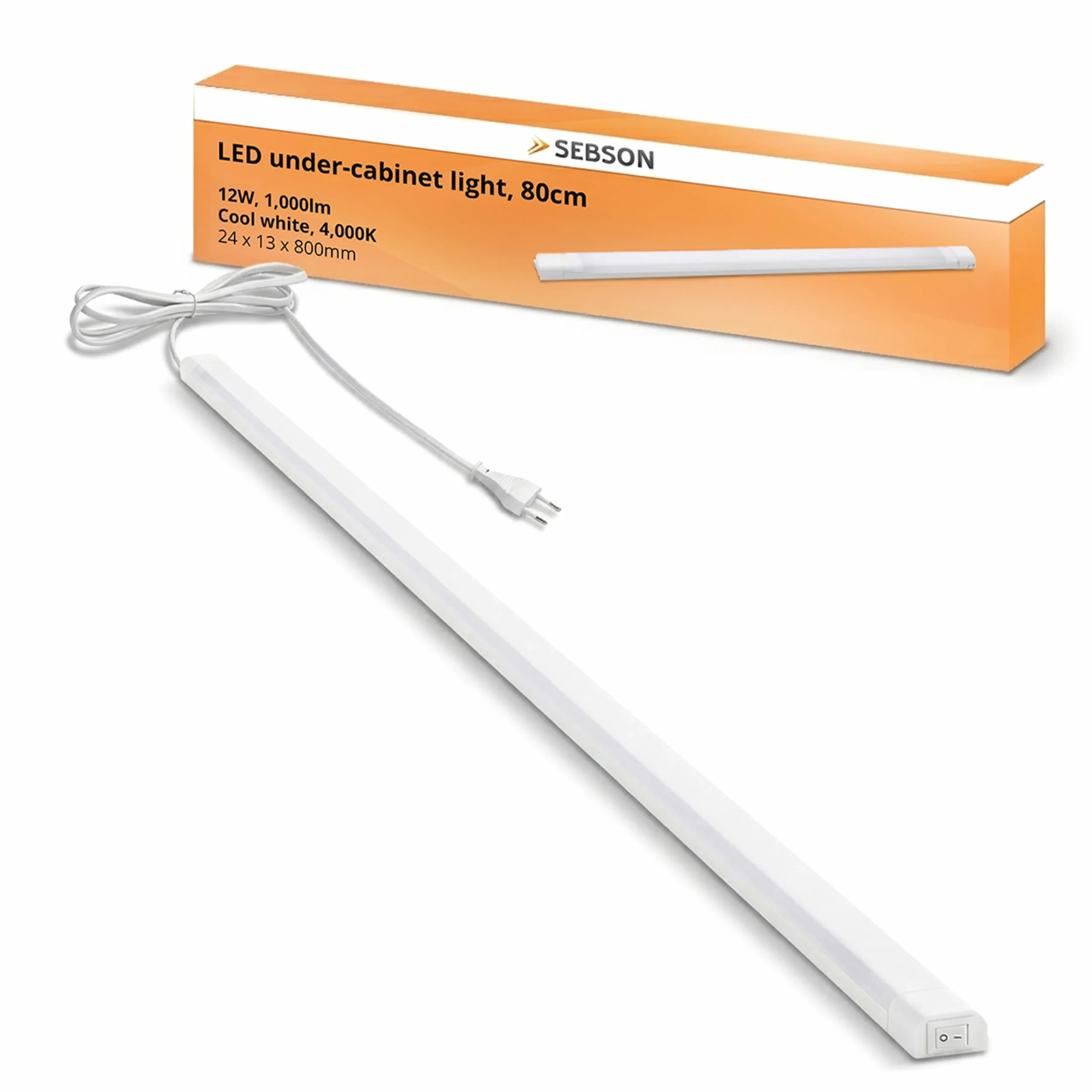 SEBSON Lampa kuchenna pod szafkę, 80 cm, lampa sufitowa LED 12 W, 4000 K, 1000 lm, listwa świetlna z wtyczką i przełącznikiem 230 V, IP 20, 24 x 13 x 800 mm