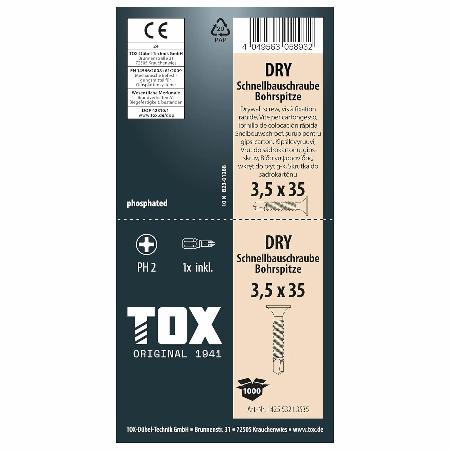 TOX Wkręty do szybkiego montażu DRY BS 3,5 x 35 mm, śruby czarne fosforanowane z gwintem drobnym + końcówka wiertnicza, płyta gipsowo-kartonowa na metalowej konstrukcji podstawy, PH2, 1000 sztuk, w