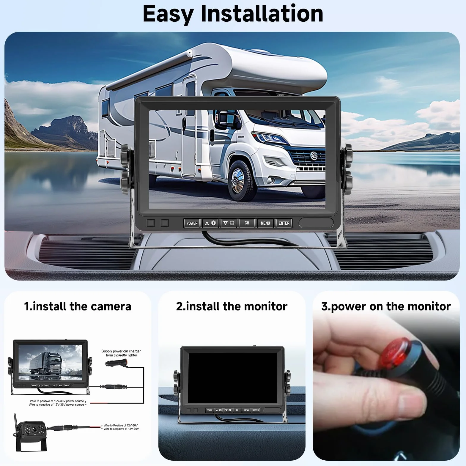 VECHTEL Bezprzewodowa kamera cofania 1080P 7-calowy monitor IPS zestaw DVR 2 kamery IP68 noktowizor