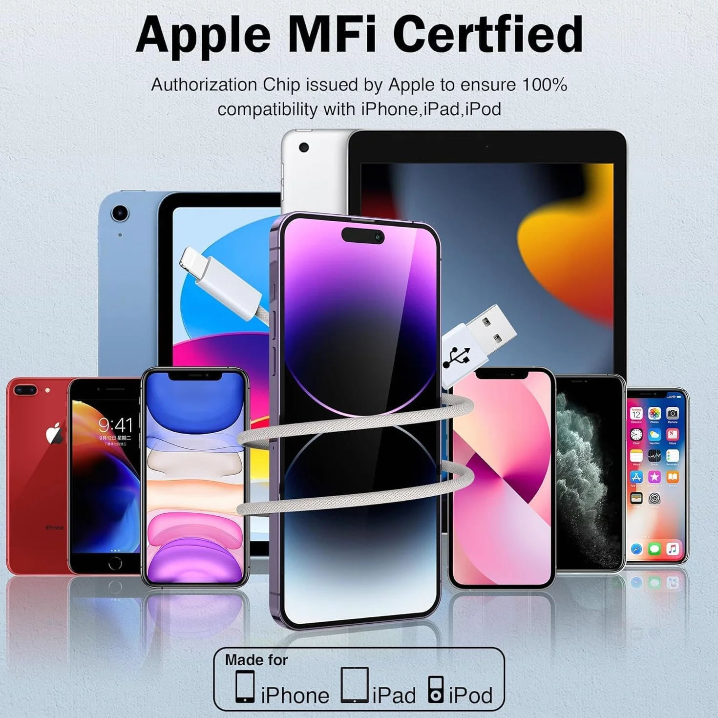 Kabel Lightning MFi 1 m do szybkiego ładowania iPhone 14 13 12 11 Pro Max Mini XR XS X 8 7 6 6s Plus 5S SE