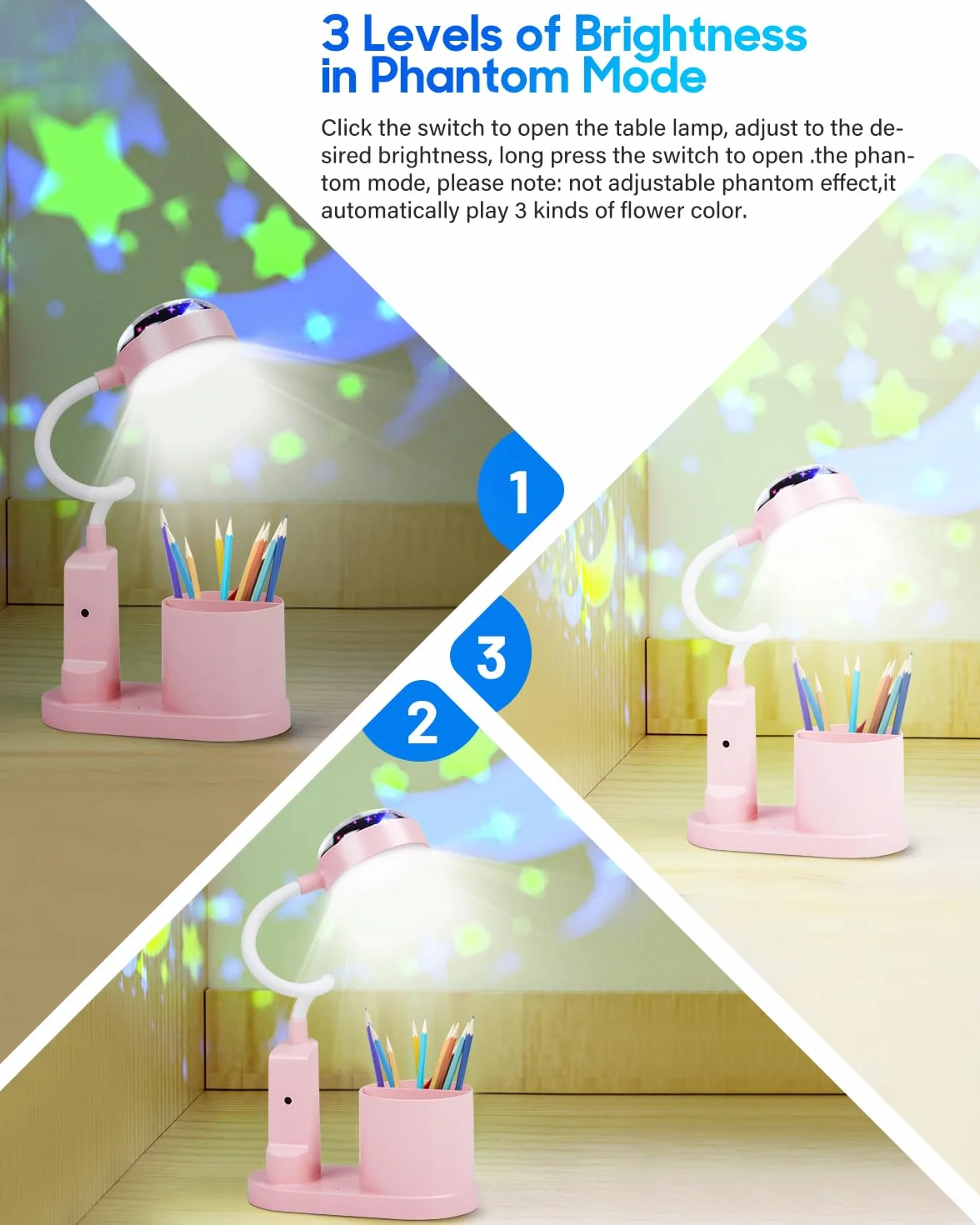 TechKen Lampa biurkowa dla dzieci, lampka nocna LED, lampa stołowa, ściemniana, poziomy jasności, ładowalna lampa z giętką szyją, lampa stołowa, lampa do nauki z uchwytem na długopis, projekcja gwiazd
