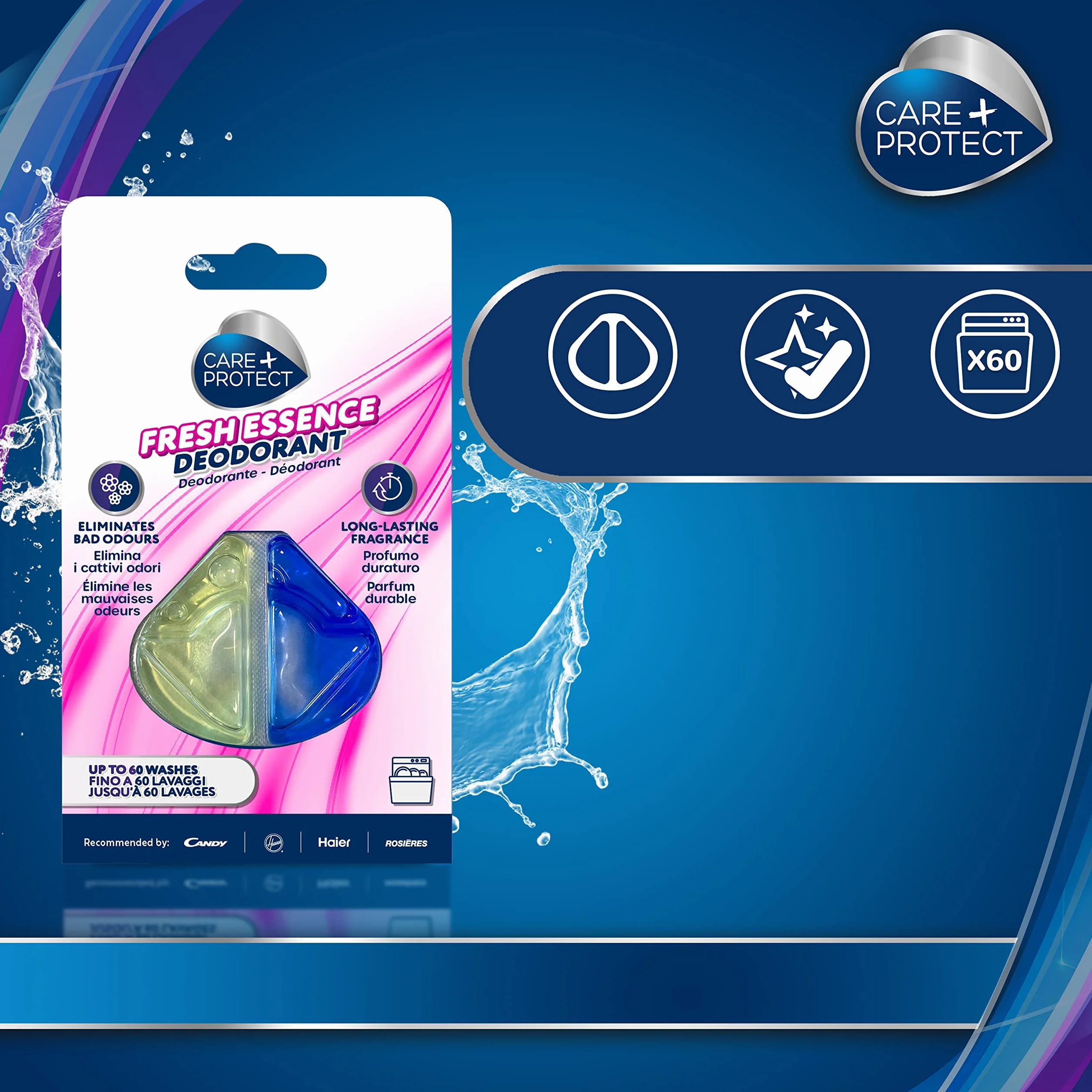 CARE + PROTECT Fresh Essence uniwersalny dezodorant do zmywarki, eliminuje nieprzyjemne zapachy, długotrwały zapach, 1 powłoka, do 60 prań