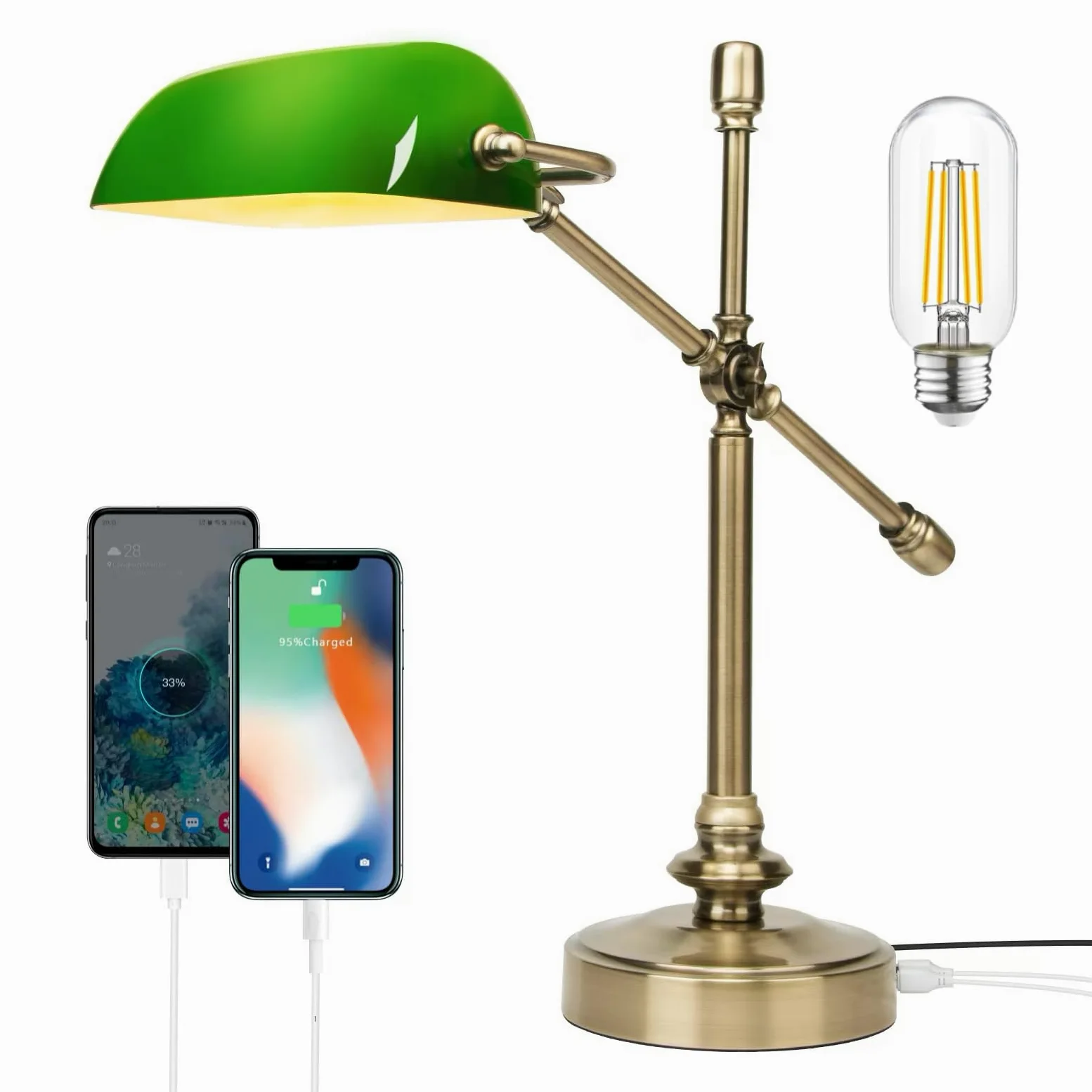 FIRVRE Swing Arm lampa biurkowa z 2 portami ładowania USB, sterowanie dotykowe, ściemniana lampa stołowa, 3 tryby kolorów, mosiężna metalowa lampa biurkowa, lampka do czytania w stylu retro, do