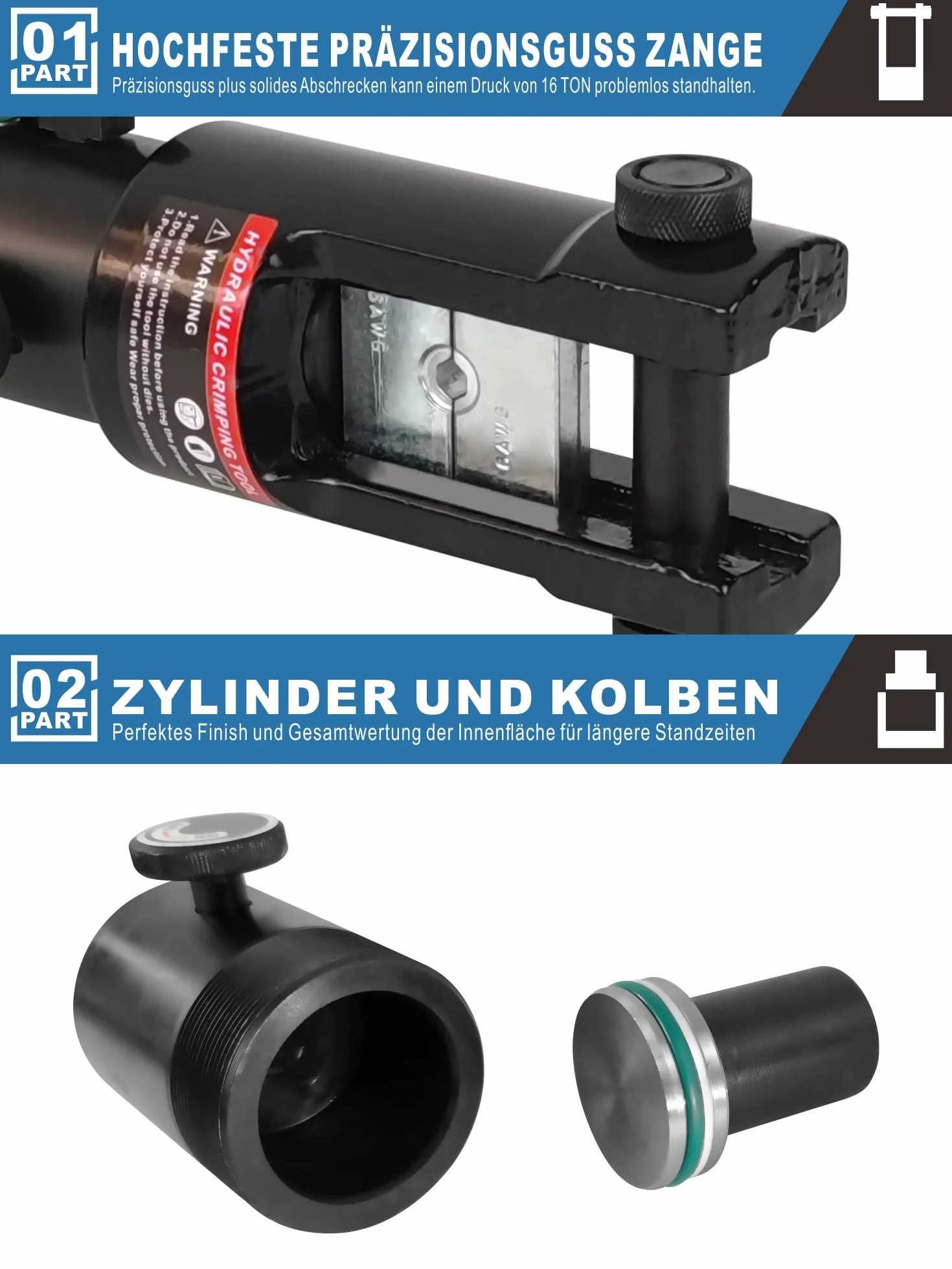 AMZCNC Hydrauliczne szczypce zaciskowe 16 ton z 13 stalowymi końcówkami zaciskowymi, 8-300 mm² – profesjonalny zestaw narzędzi do miedzianych i aluminiowych końcówek kablowych.