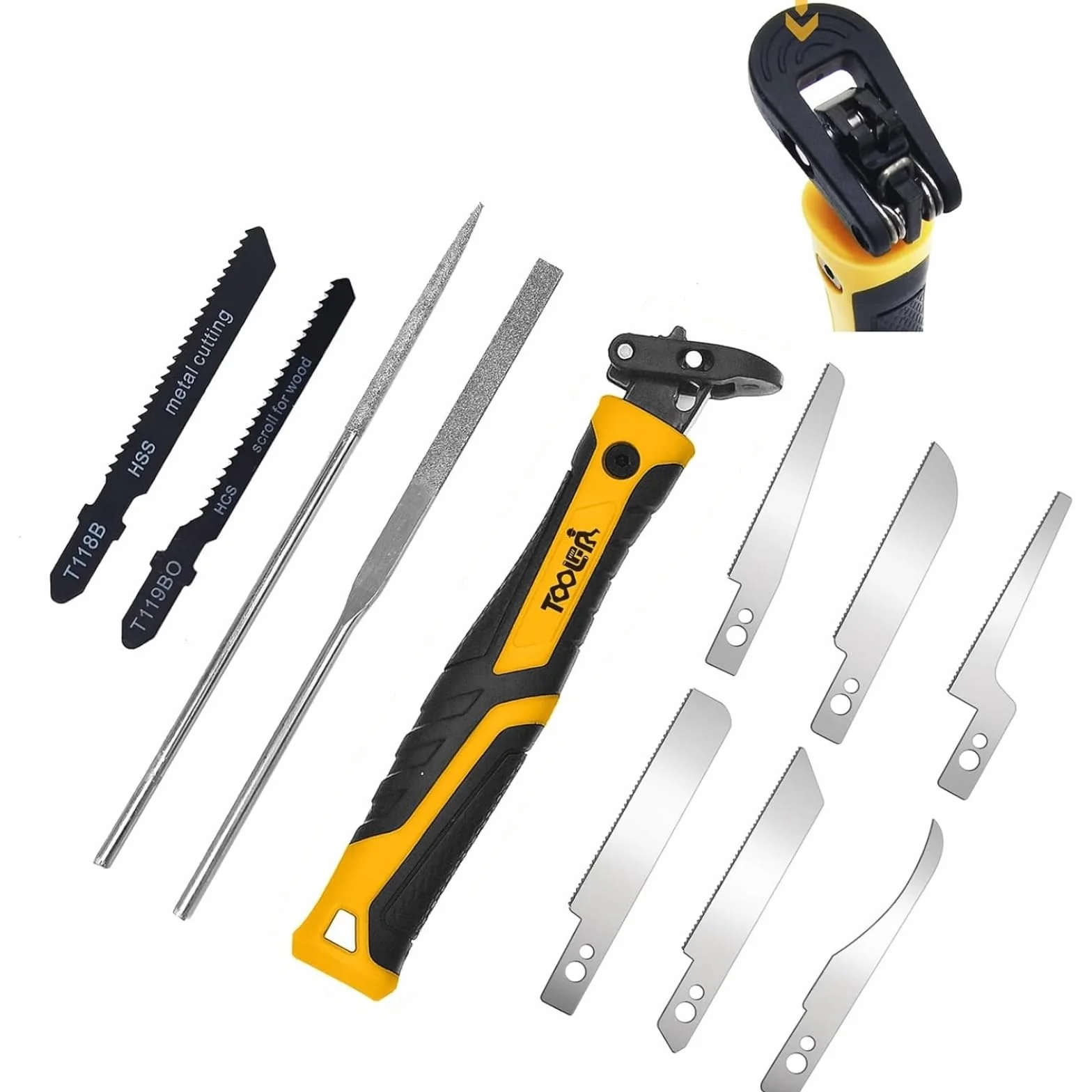 Magicbox Zestaw pił modelarskich 10 w 1, mini piła do drewna i majsterkowania, w zestawie: 6 pił + 2 ostrza do wyrzynarek + pilniki igłowe - system szybkiej wymiany, ergonomiczny uchwyt antypoślizgowy