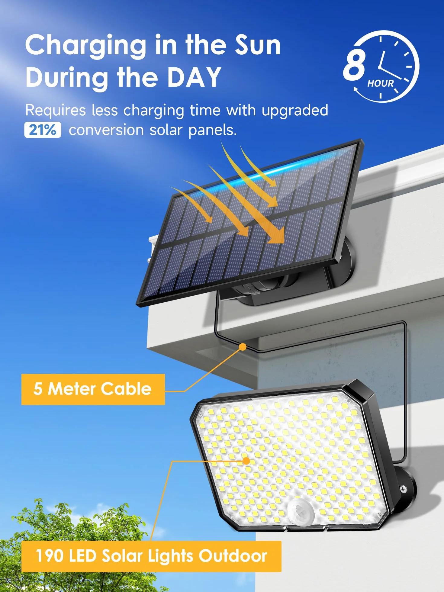 Zewnętrzna lampa solarna z czujnikiem ruchu, 190LED 1500 lm, zewnętrzna lampa słoneczna, 3 tryby + pilot zdalnego sterowania solarne oświetlenie zewnętrzne, 2200 mAh, zewnętrzny reflektor solarny,