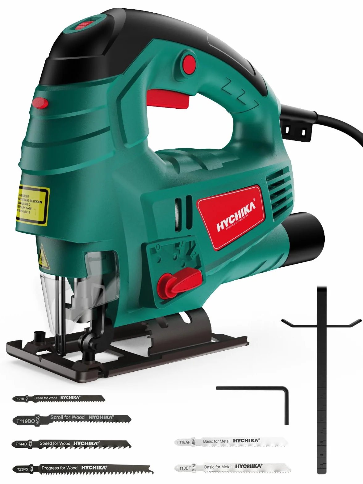 Wyrzynarka HYCHIKA 800W, z mocnym silnikiem miedzianym, 800-3000RPM obrotów na minutę z 7 zmiennymi prędkościami, 4 zestawy orbit, kąt nachylenia ±45°, 6 brzeszczotów, przewód 2 metry