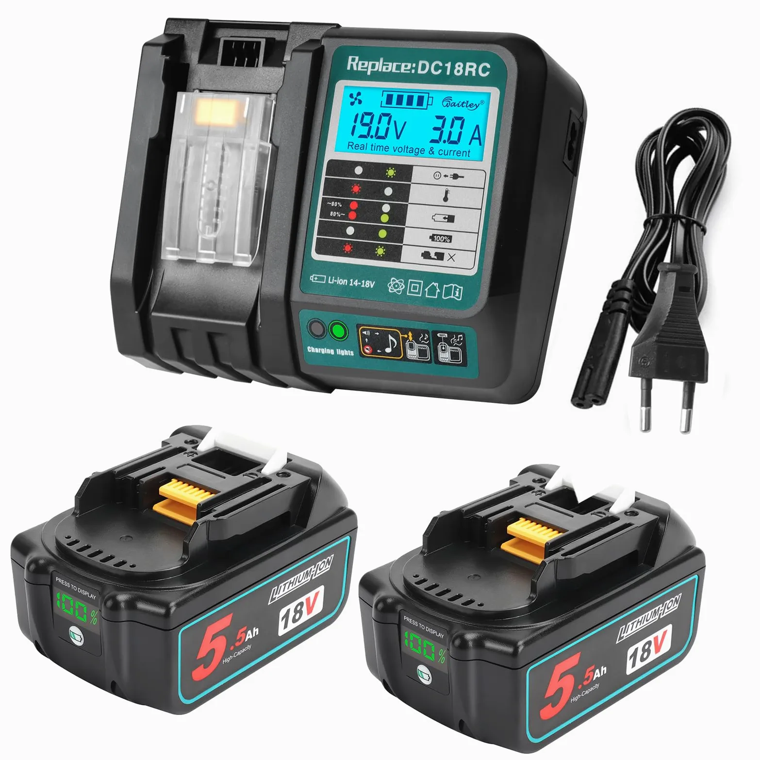 Powarobor 2 sztuki BL1850B 18 V 5,5 Ah akumulator litowo-jonowy z ładowarką DC18RC zestaw startowy, kompatybilny z akumulatorami Makita 18 V BL1860 BL1830 DC18RA DC18SD LXT-400 narzędzia elektryczne