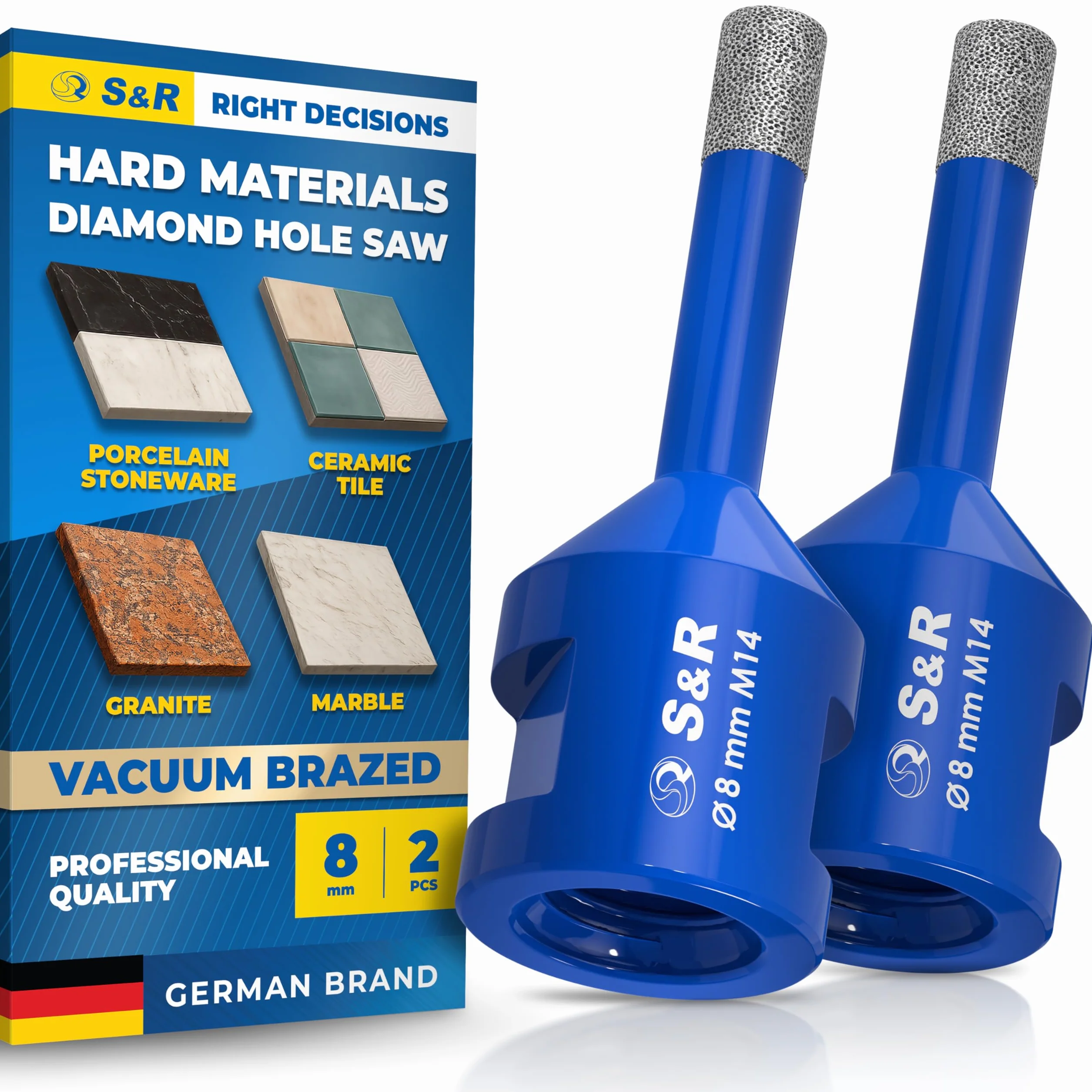 S&R Profesjonalny 2-częściowy zestaw wierteł diamentowych M14, diamentowe wiertła do płytek 8 mm do szlifierek kątowych, do twardej ceramiki, gresu, granitu, porcelany, marmuru, płytek, zestaw wierteł